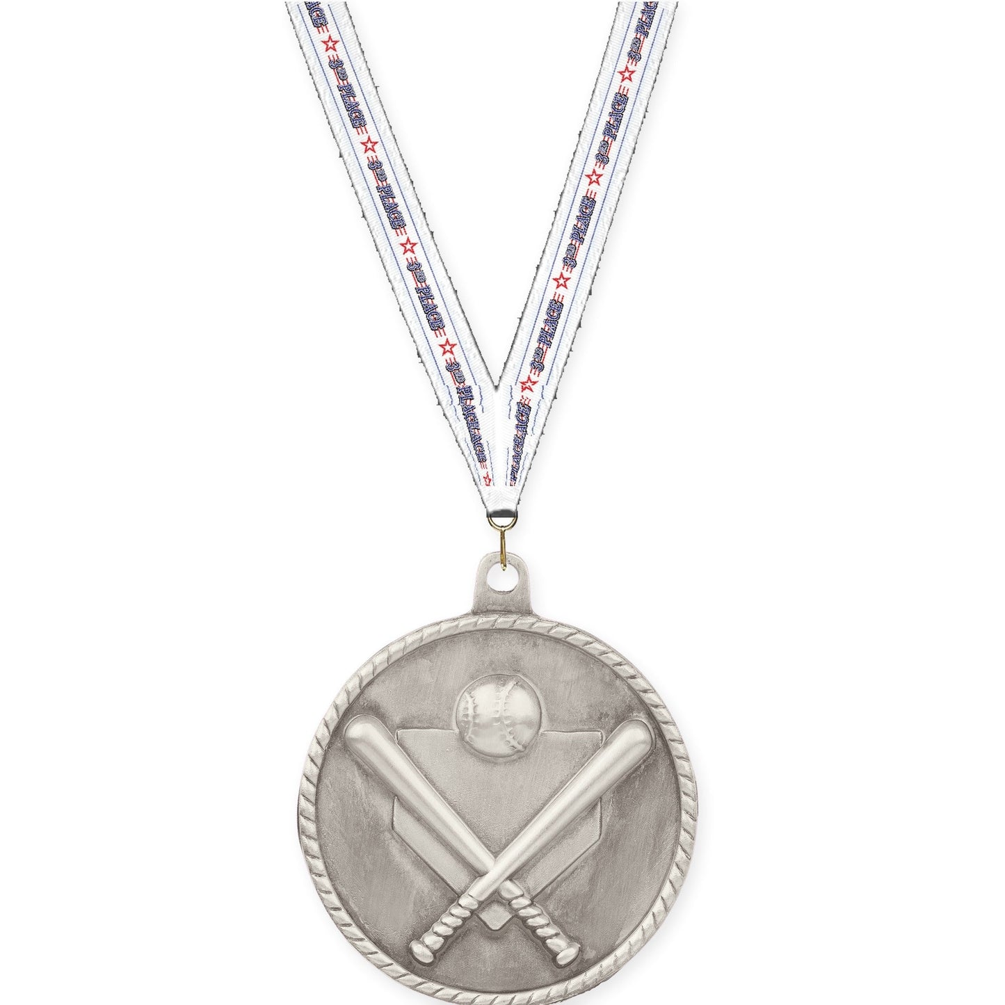 2 inch baseball and softball High Relief medal in antique silver with 3rd Place neck ribbon