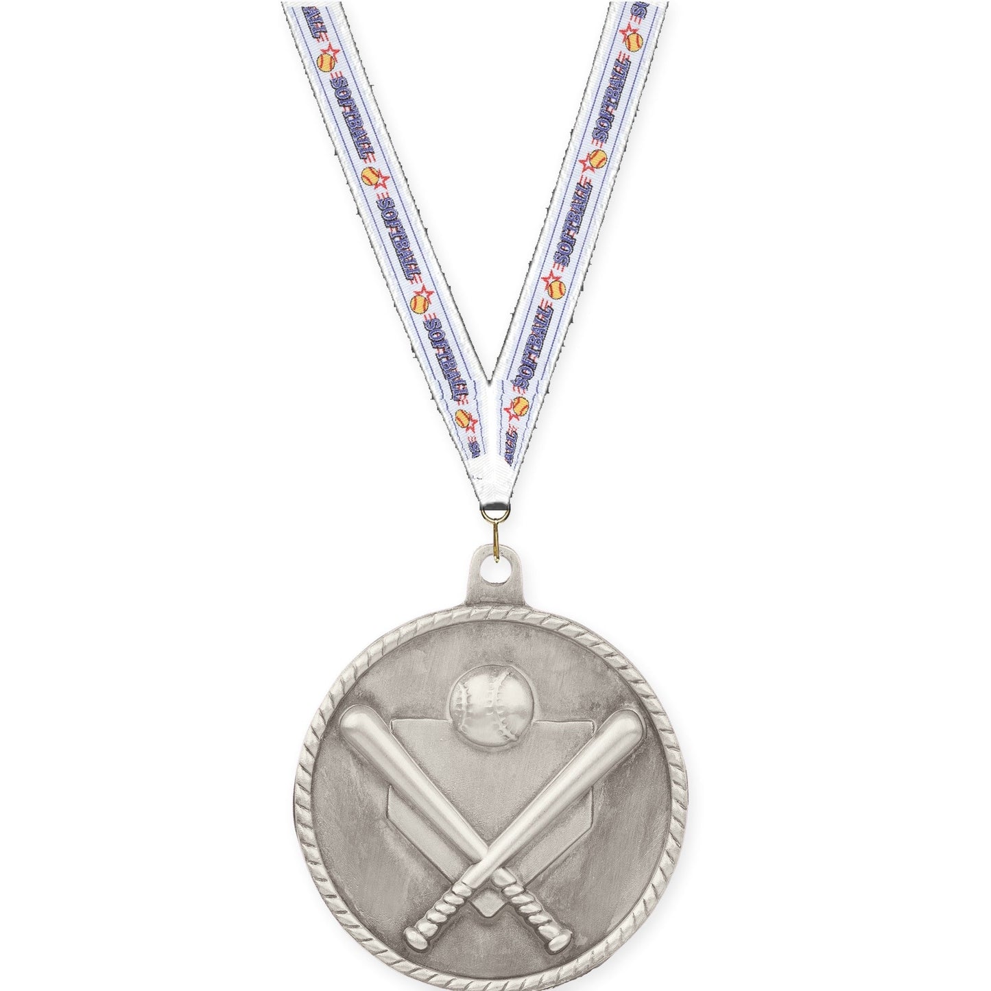 2 inch baseball and softball High Relief medal in antique silver with Softball neck ribbon
