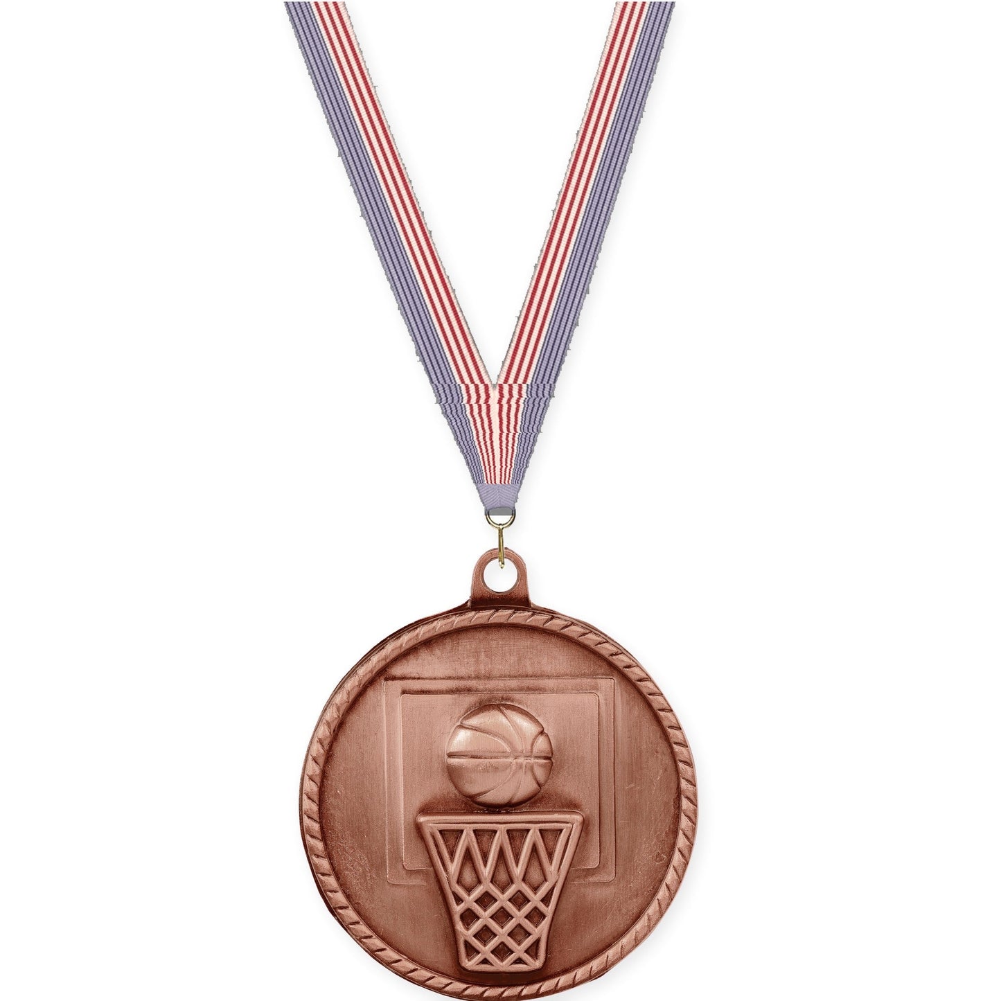2 inch basketball High Relief medal in antique bronze with USA Flag neck ribbon
