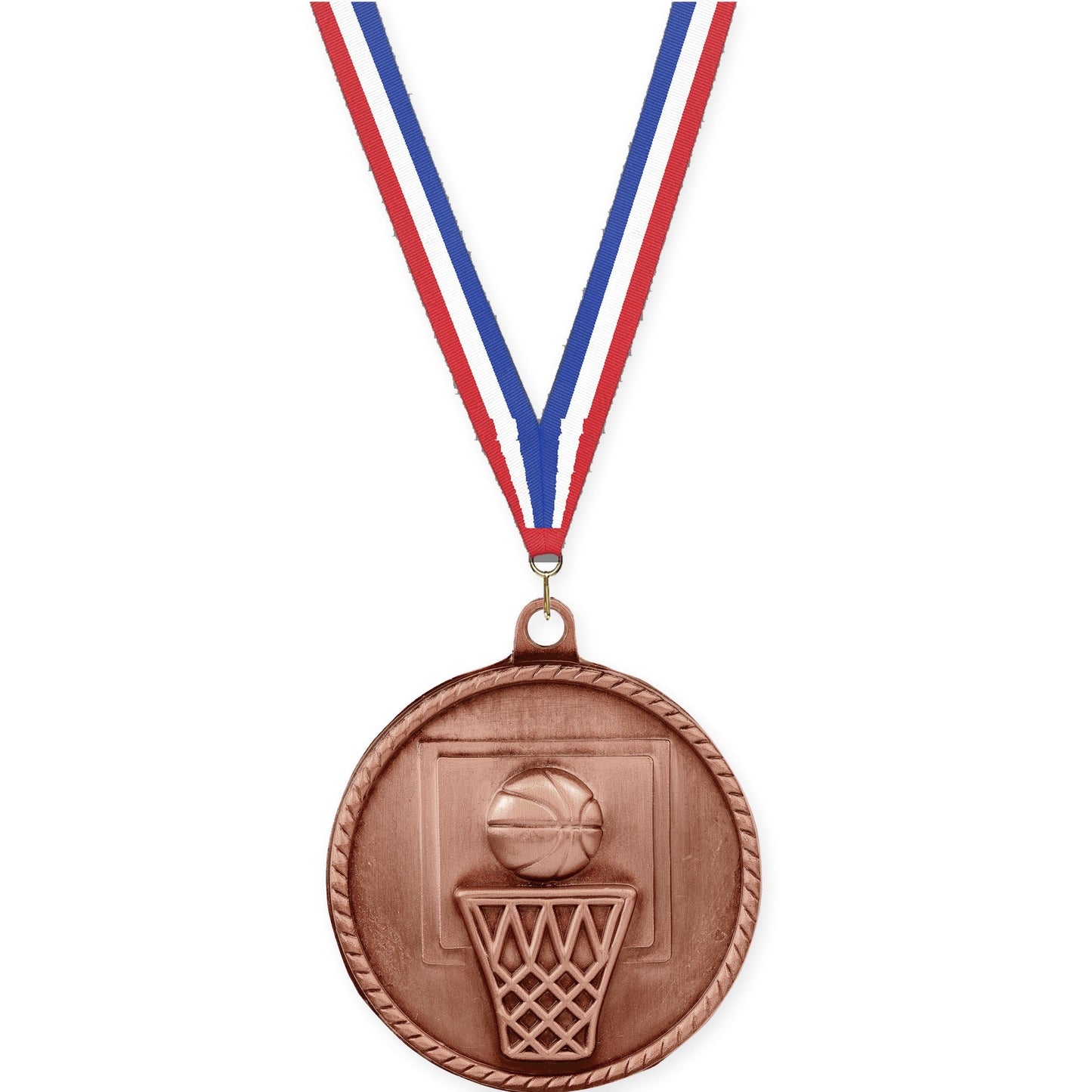 2 inch basketball High Relief medal in antique bronze with Red White Blue neck ribbon