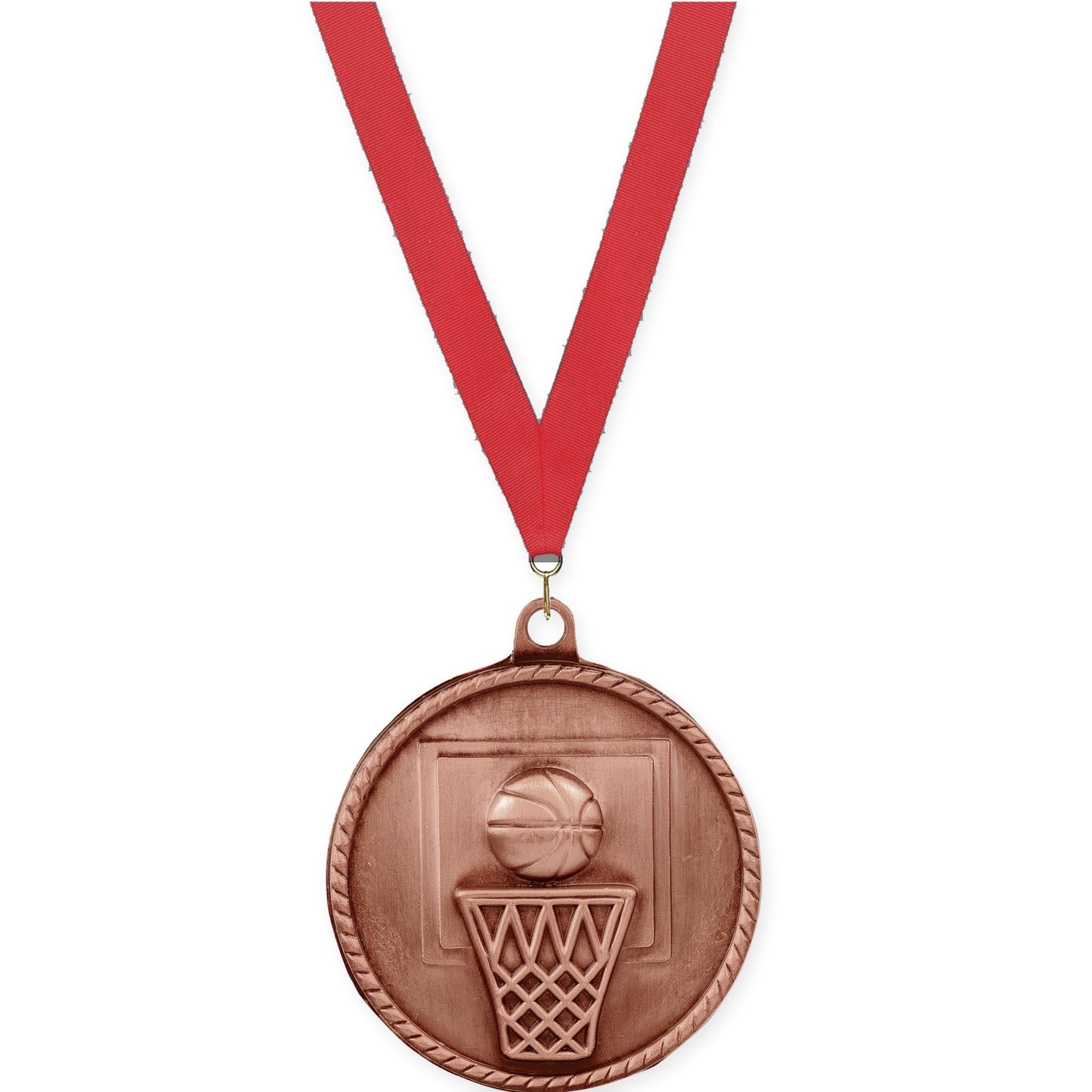 2 inch basketball High Relief medal in antique bronze with Red neck ribbon