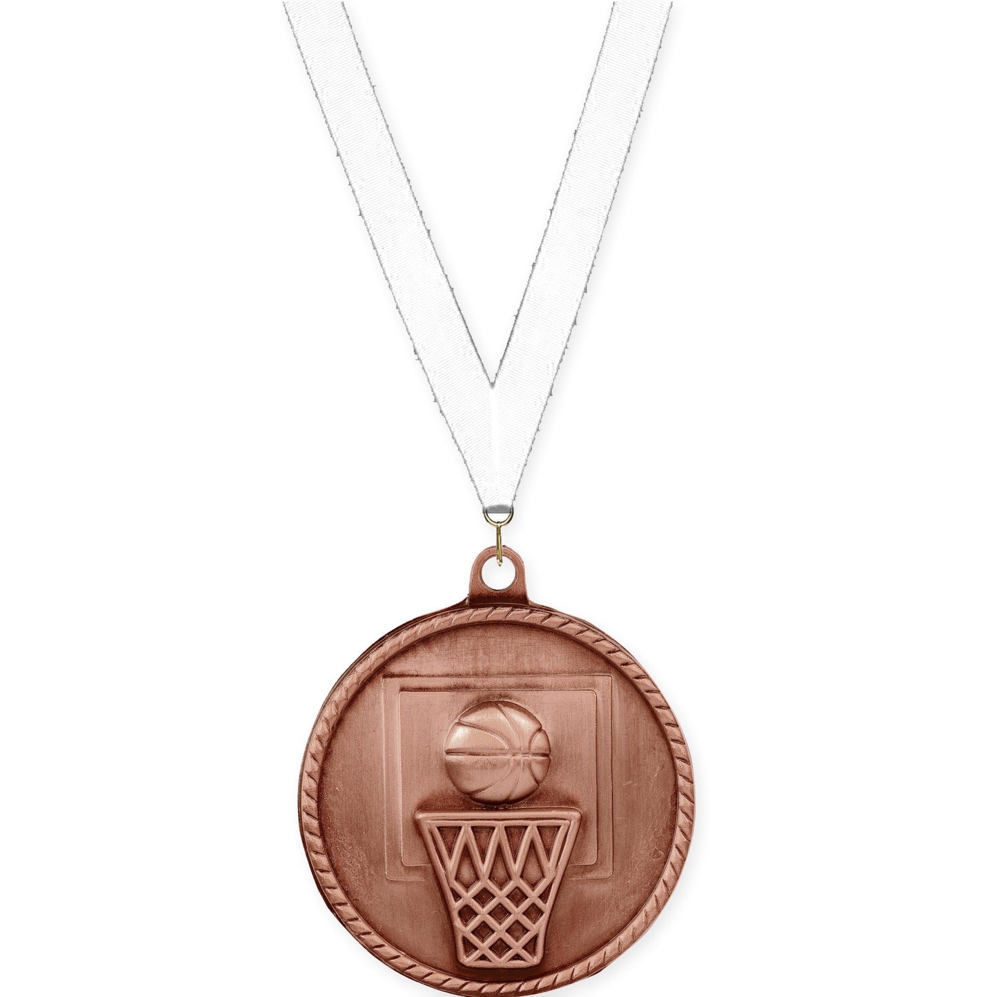 2 inch basketball High Relief medal in antique bronze with White neck ribbon