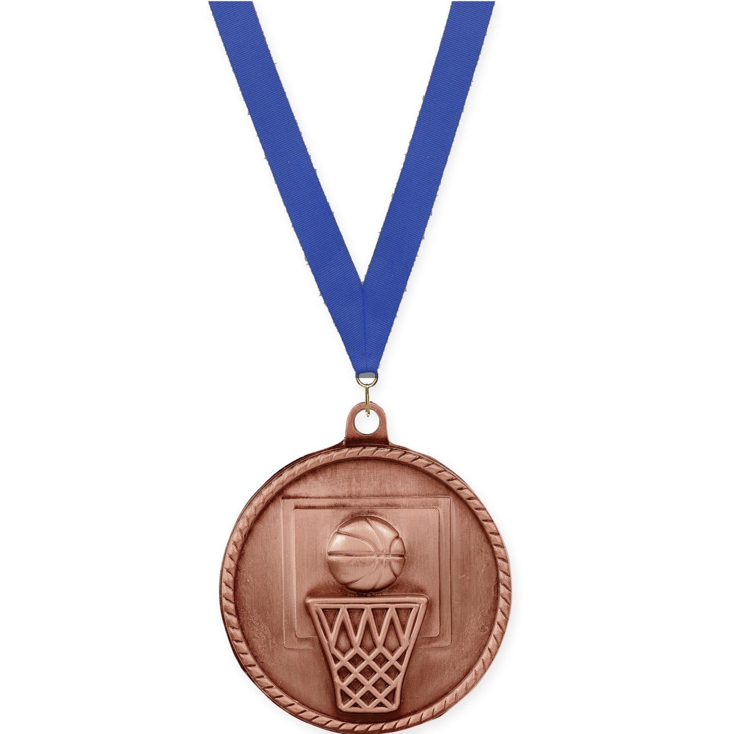 2 inch basketball High Relief medal in antique bronze with Blue neck ribbon