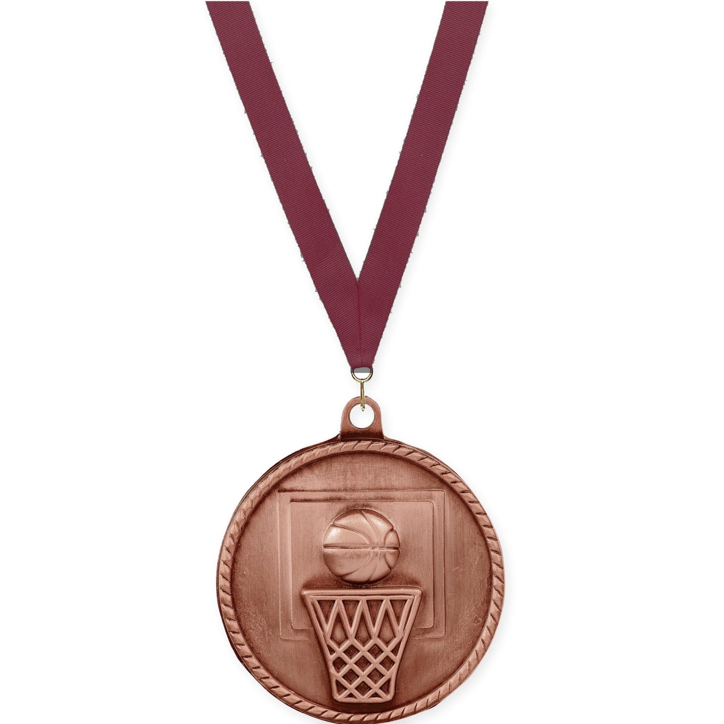 2 inch basketball High Relief medal in antique bronze with Maroon neck ribbon