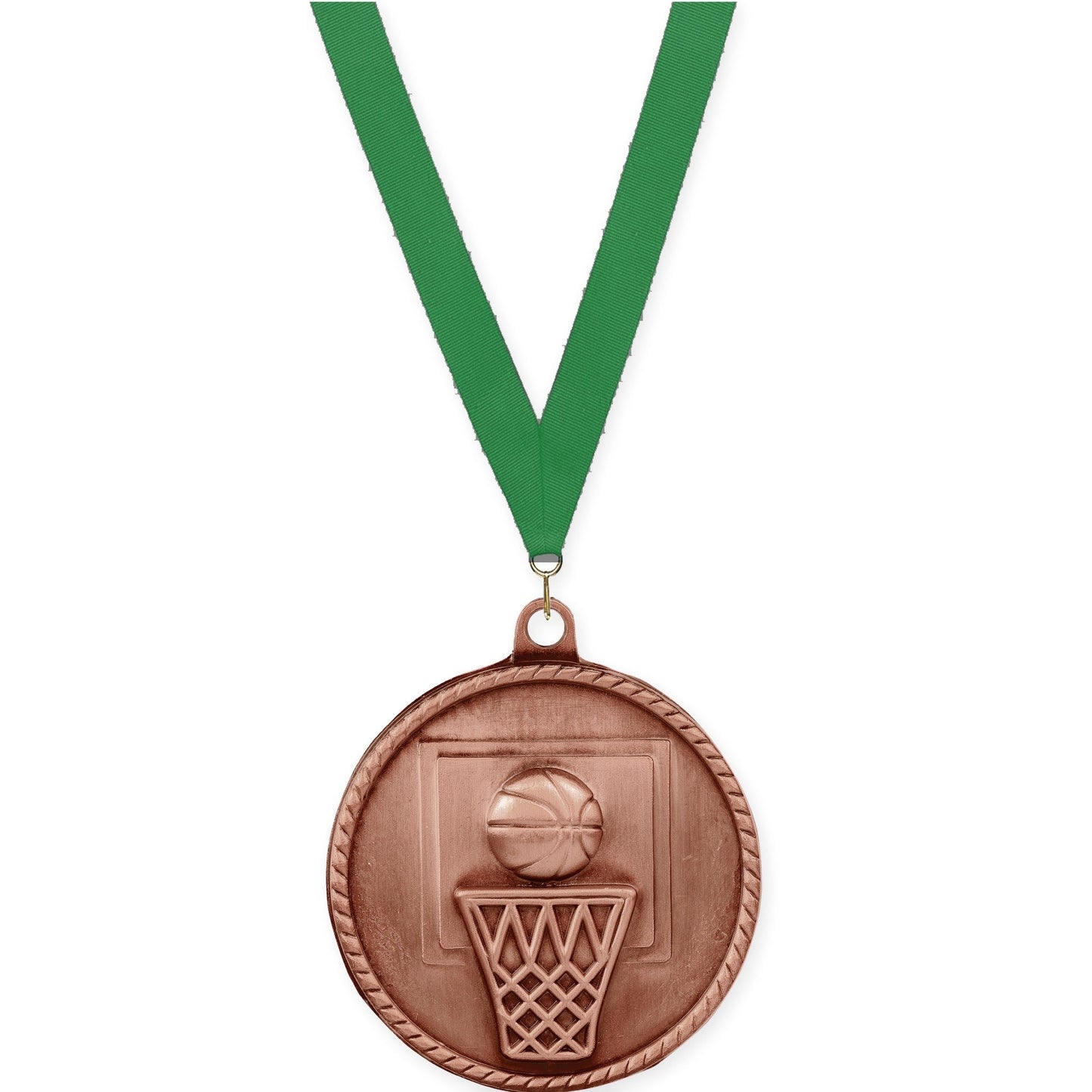 2 inch basketball High Relief medal in antique bronze with Green neck ribbon