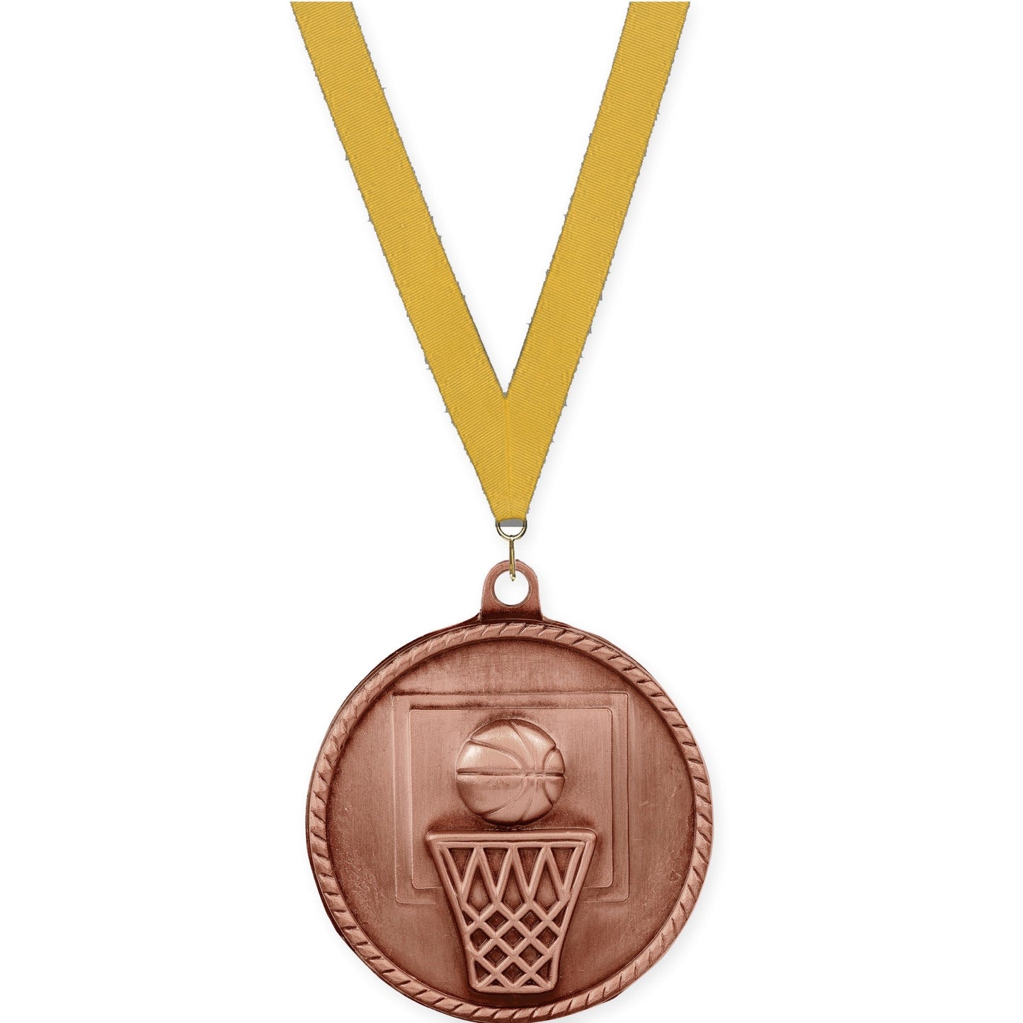 2 inch basketball High Relief medal in antique bronze with Gold neck ribbon