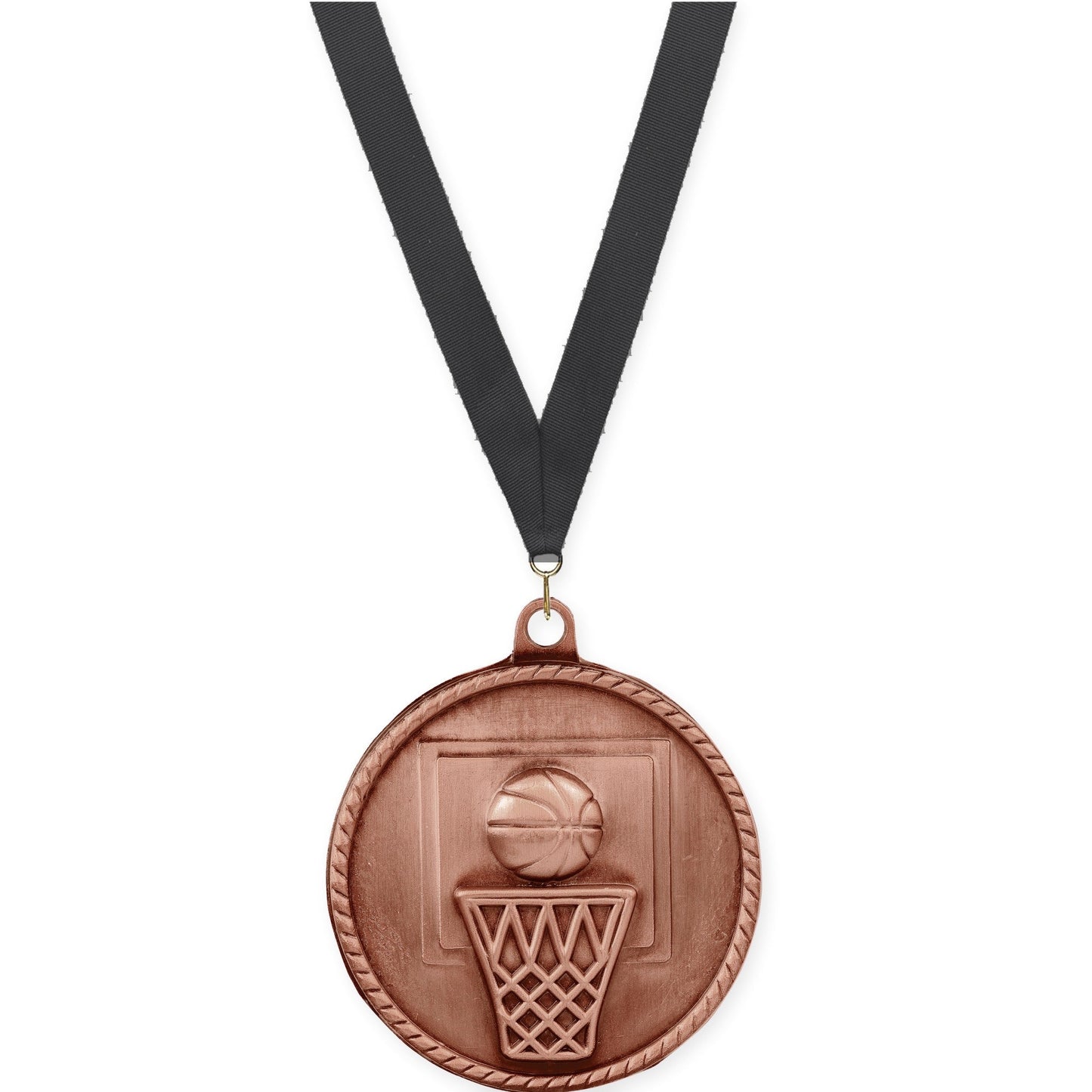 2 inch basketball High Relief medal in antique bronze with Black neck ribbon