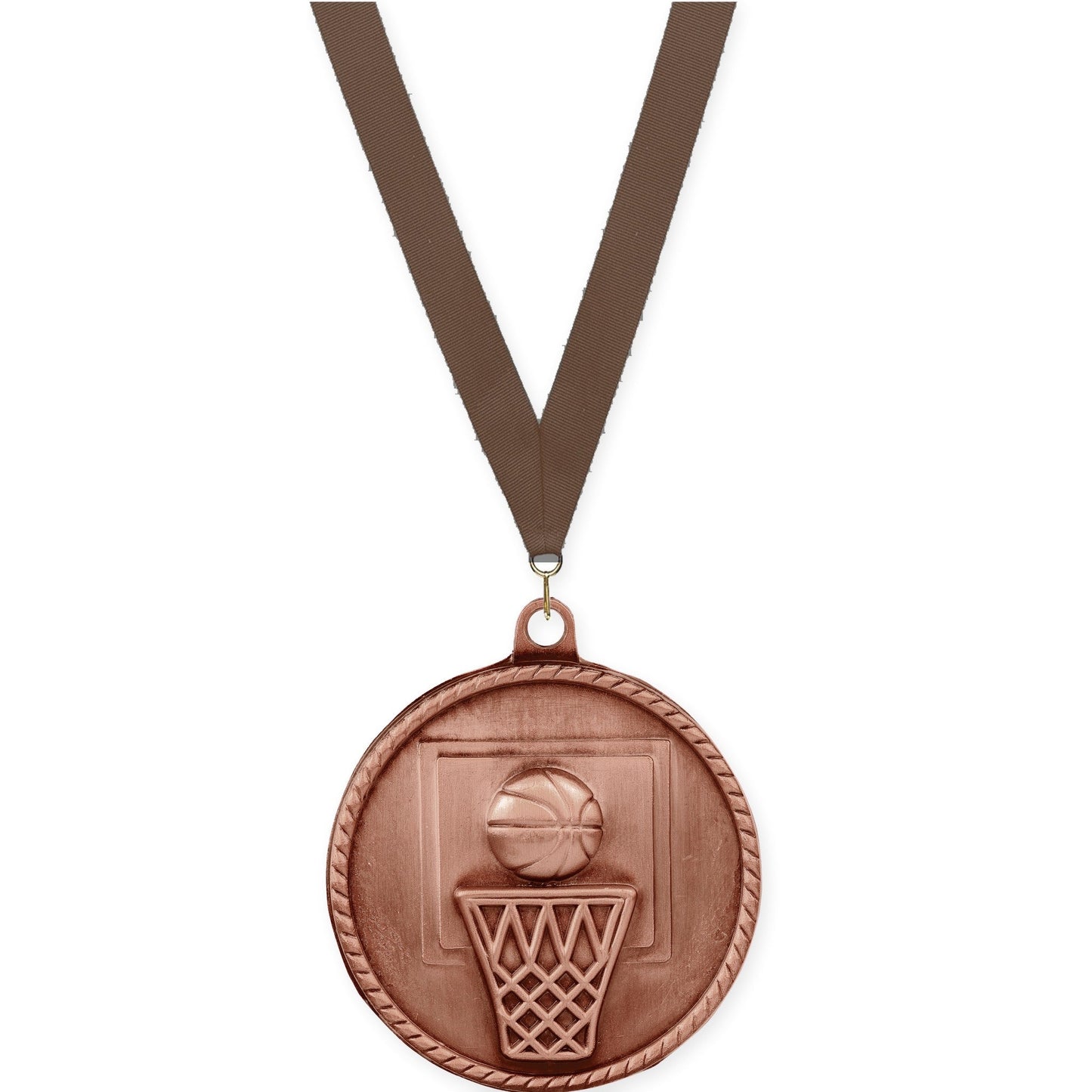 2 inch basketball High Relief medal in antique bronze with Brown neck ribbon