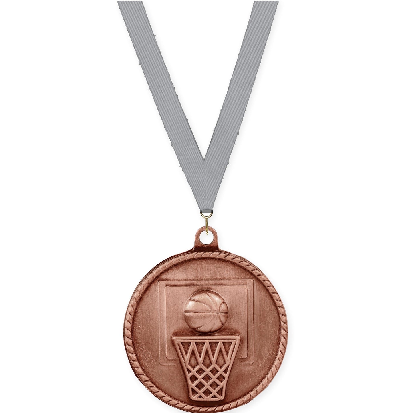 2 inch basketball High Relief medal in antique bronze with Gray neck ribbon