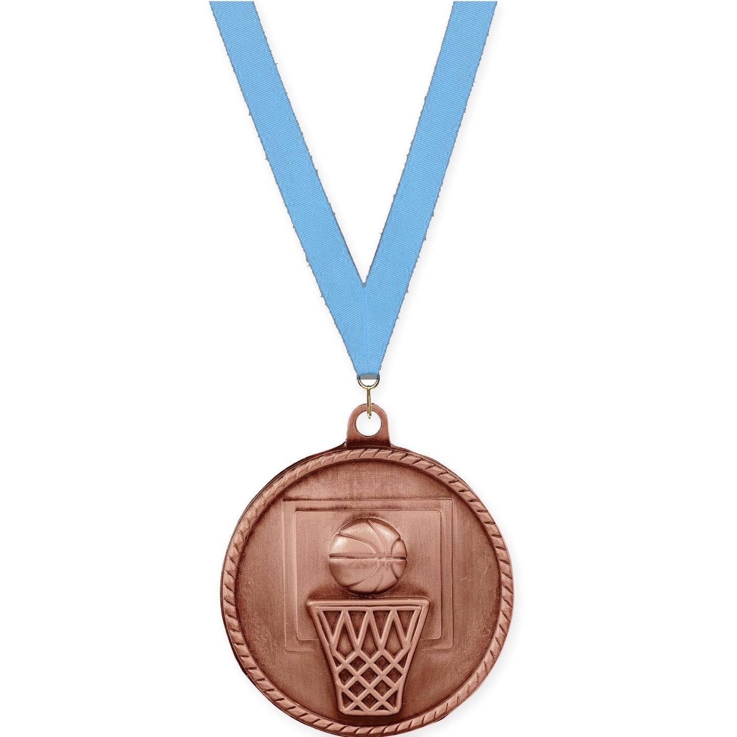 2 inch basketball High Relief medal in antique bronze with Light Blue neck ribbon