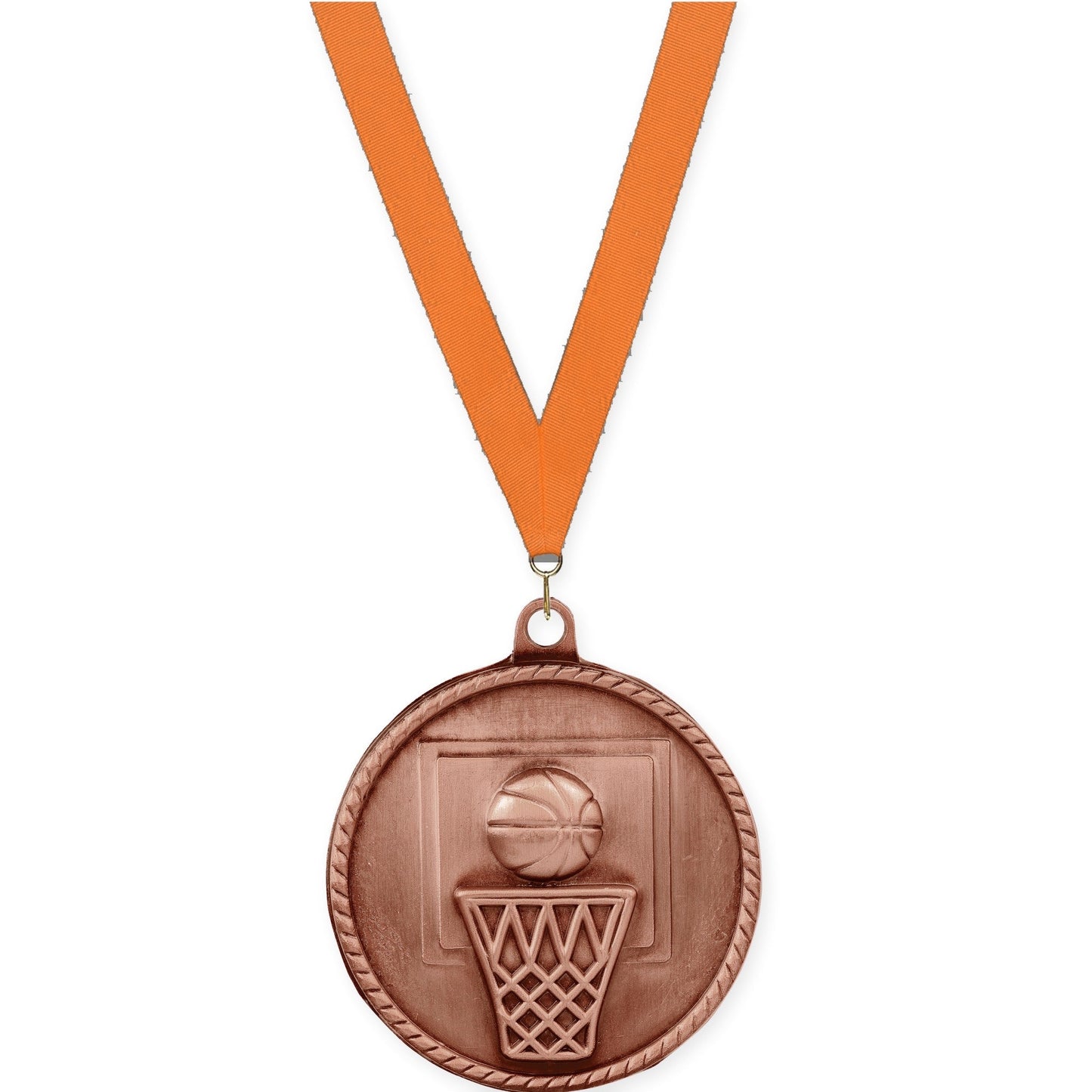2 inch basketball High Relief medal in antique bronze with Orange neck ribbon