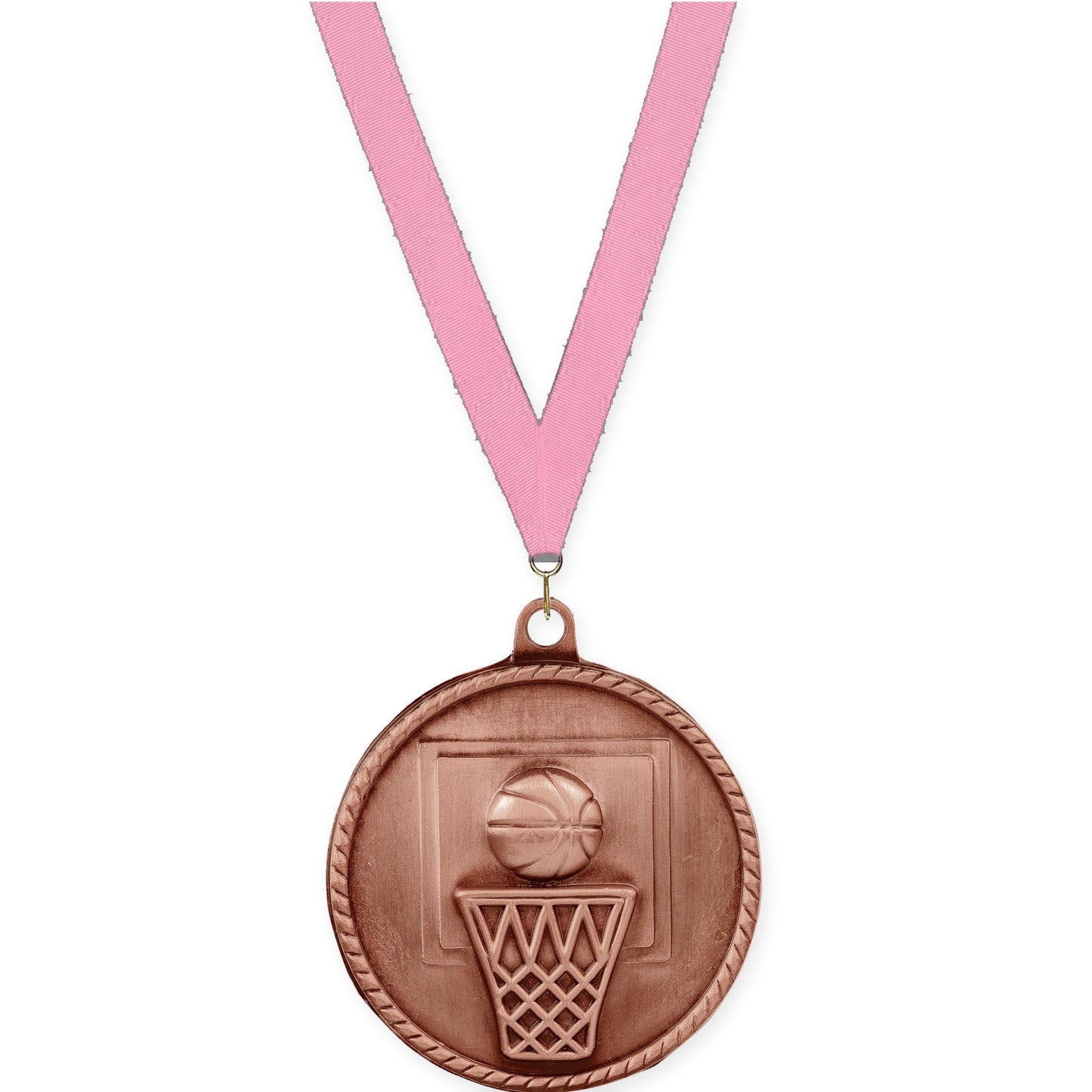 2 inch basketball High Relief medal in antique bronze with Pink neck ribbon