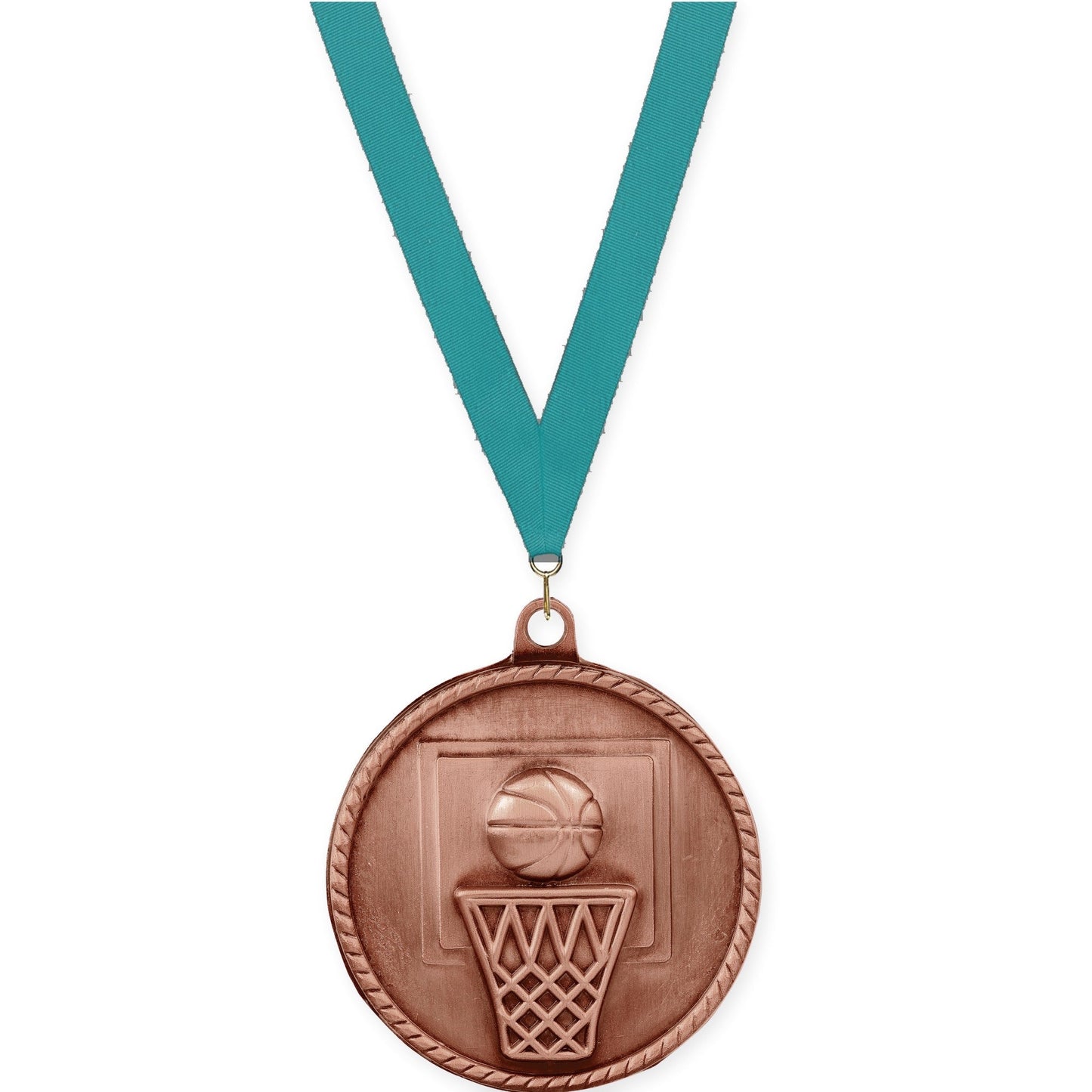 2 inch basketball High Relief medal in antique bronze with Teal neck ribbon