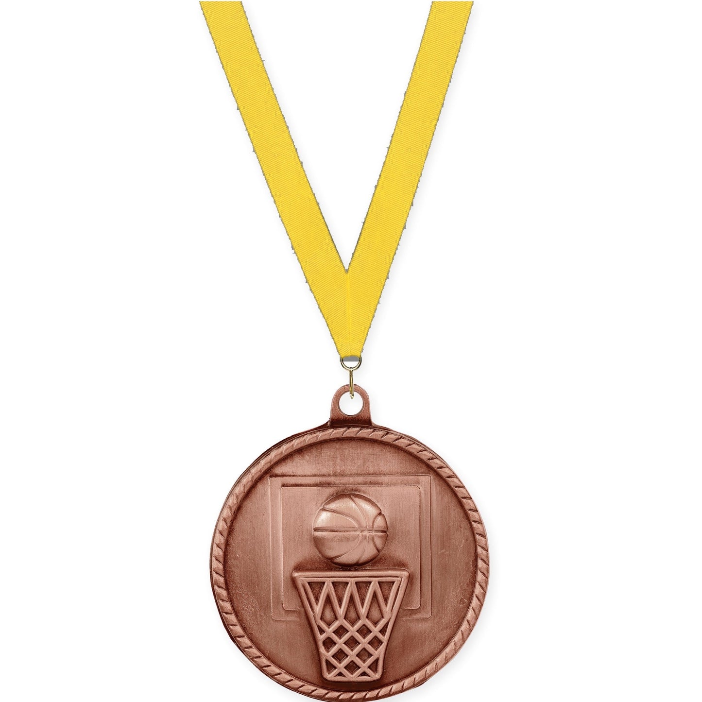 2 inch basketball High Relief medal in antique bronze with Yellow neck ribbon