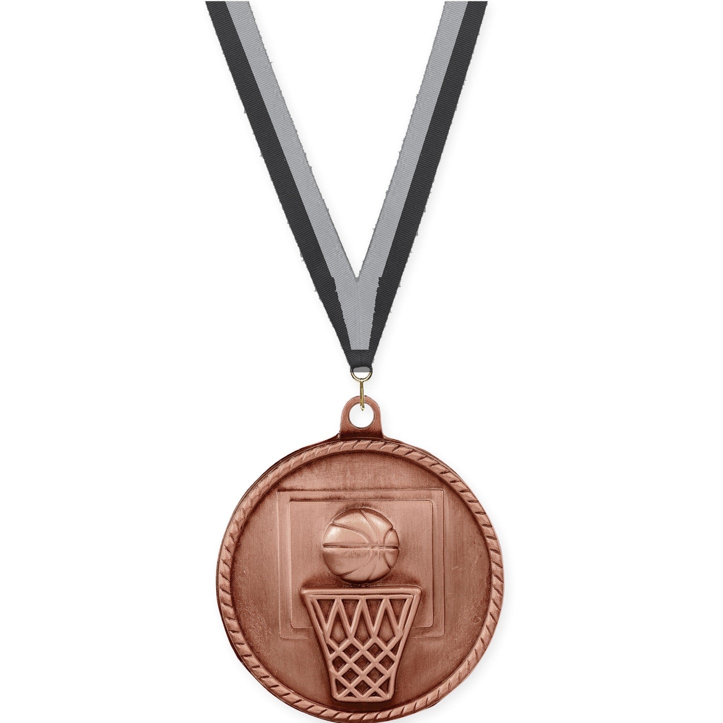 2 inch basketball High Relief medal in antique bronze with Black Gray neck ribbon