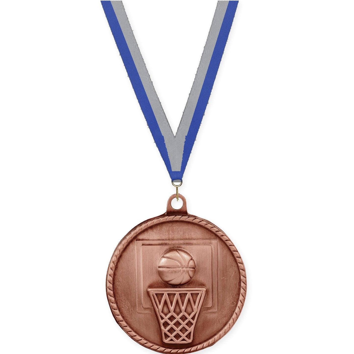 2 inch basketball High Relief medal in antique bronze with Blue Gray neck ribbon