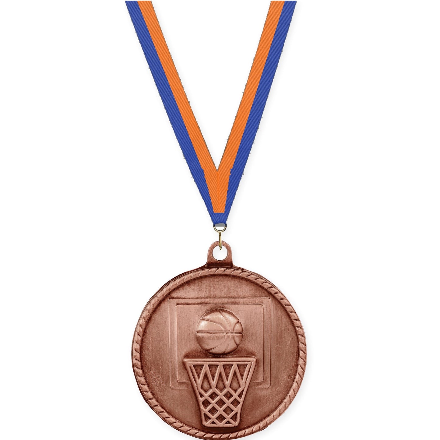 2 inch basketball High Relief medal in antique bronze with Blue Orange neck ribbon