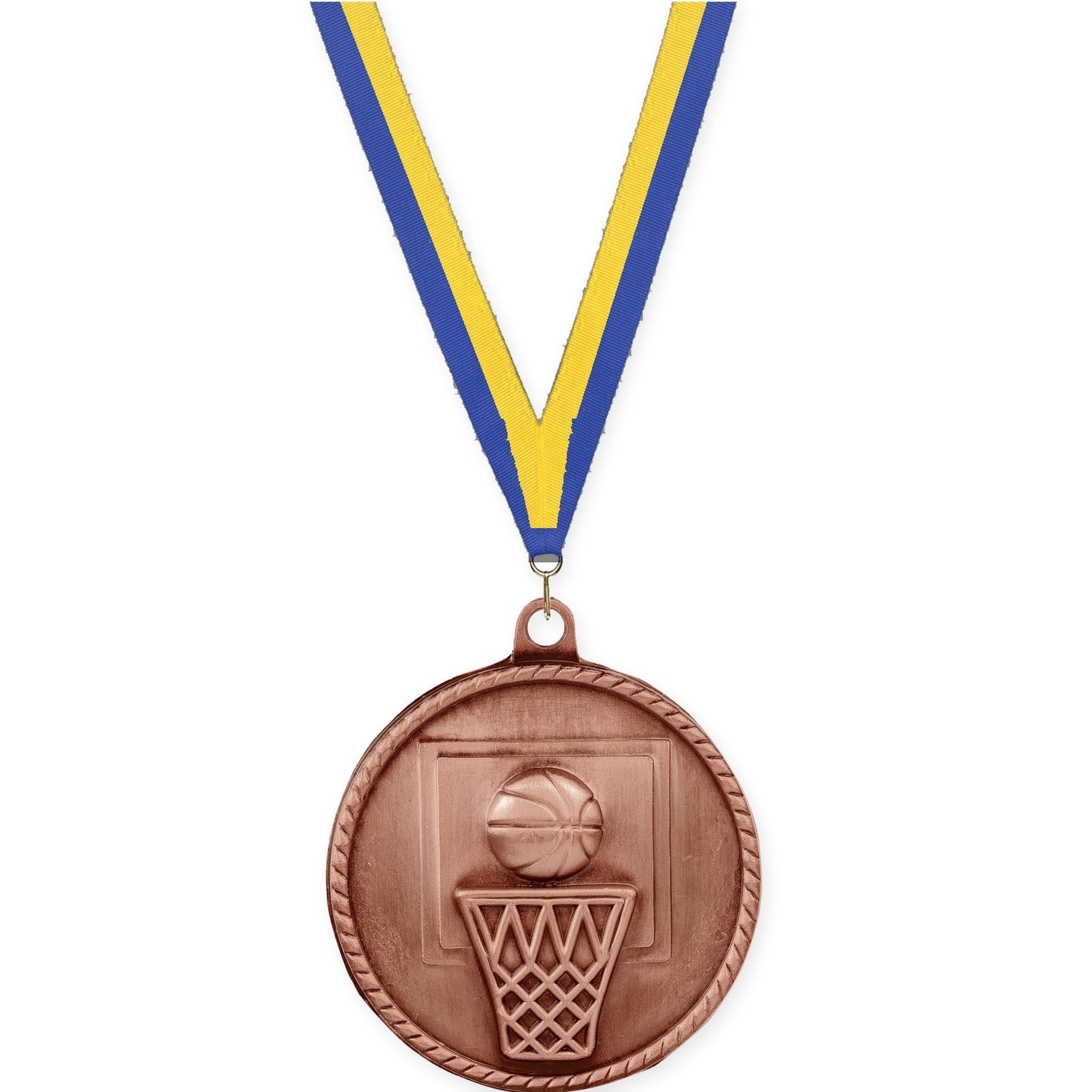 2 inch basketball High Relief medal in antique bronze with Blue Yellow neck ribbon
