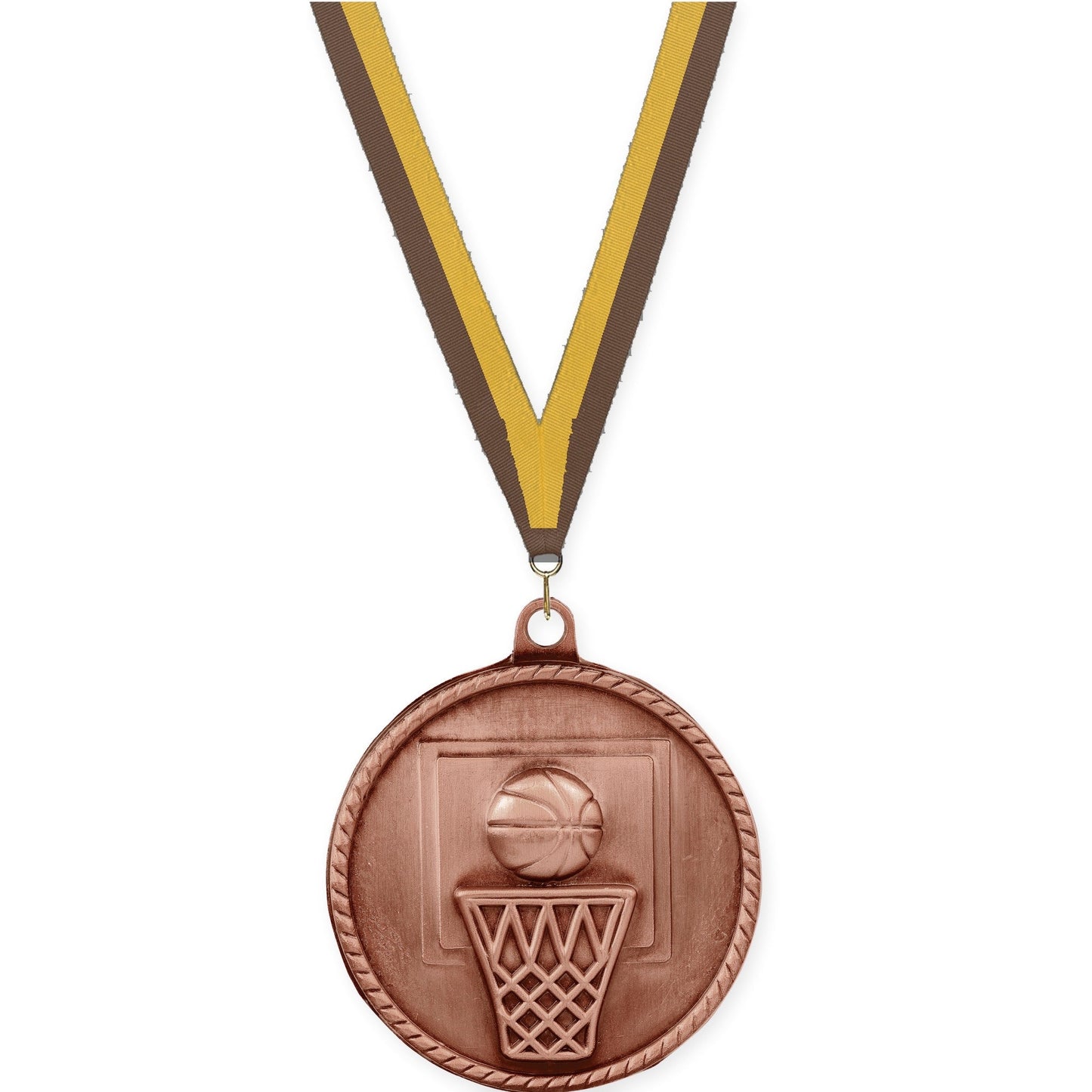2 inch basketball High Relief medal in antique bronze with Brown Gold neck ribbon
