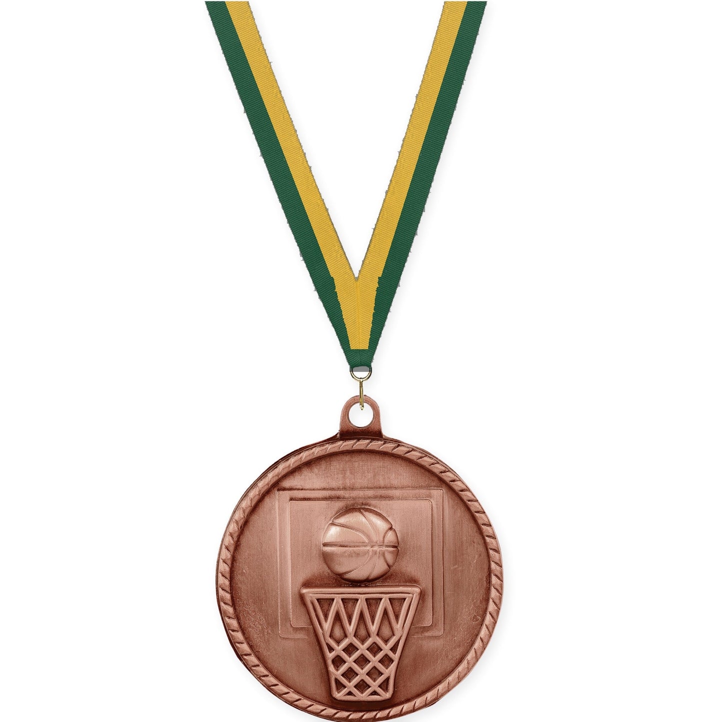 2 inch basketball High Relief medal in antique bronze with Hunter Green Gold neck ribbon