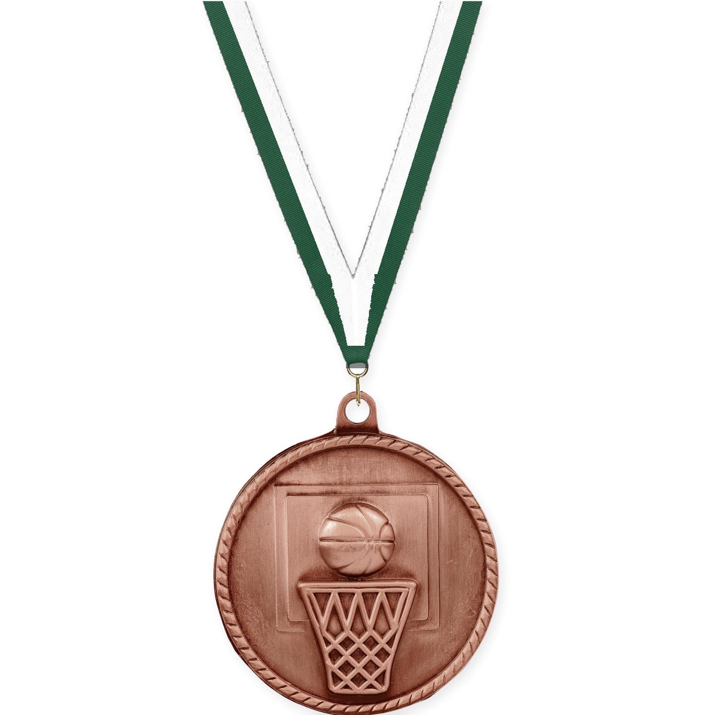 2 inch basketball High Relief medal in antique bronze with Hunter Green White neck ribbon