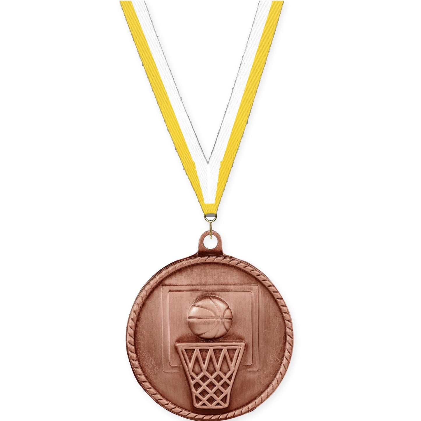 2 inch basketball High Relief medal in antique bronze with Yellow White neck ribbon