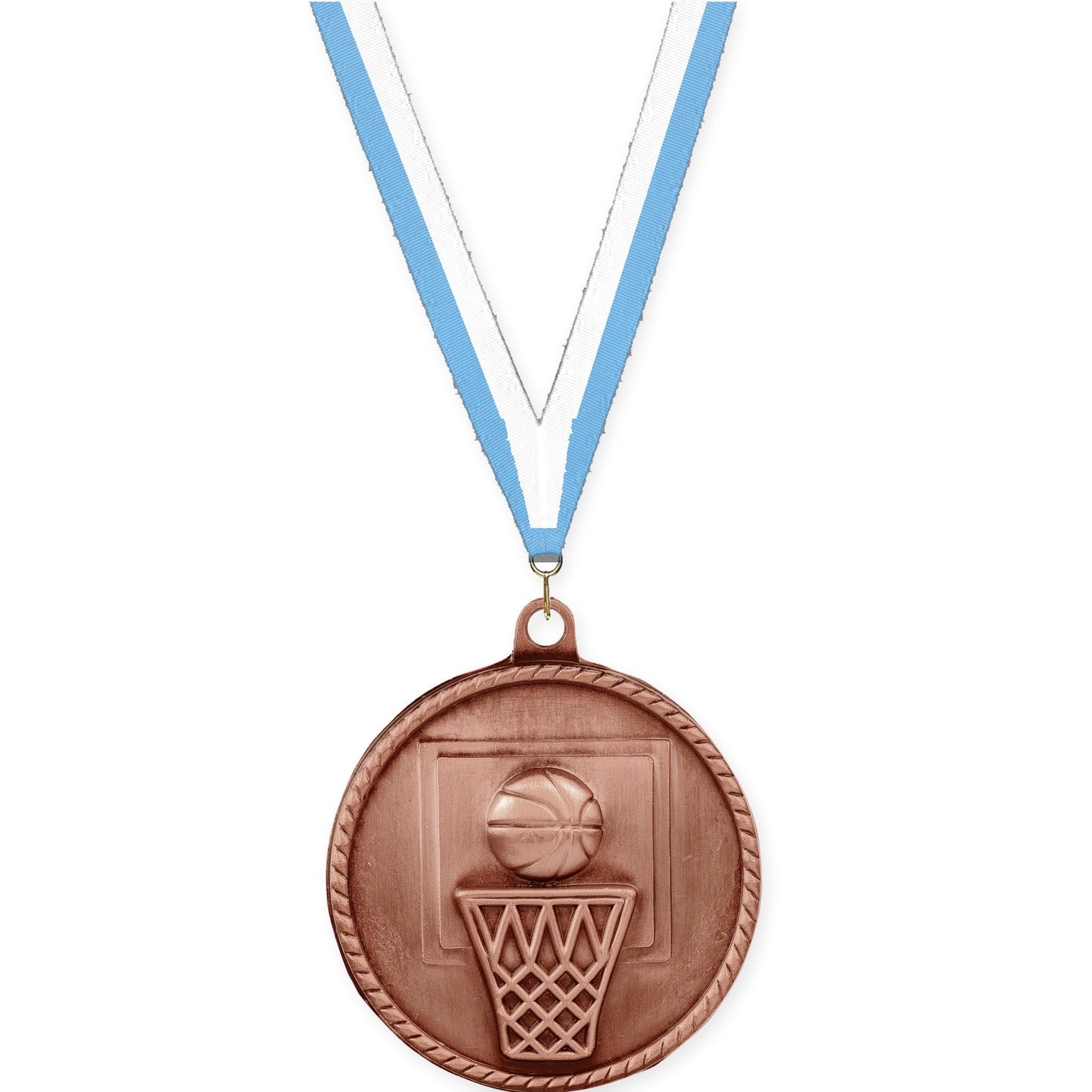 2 inch basketball High Relief medal in antique bronze with Light Blue White neck ribbon