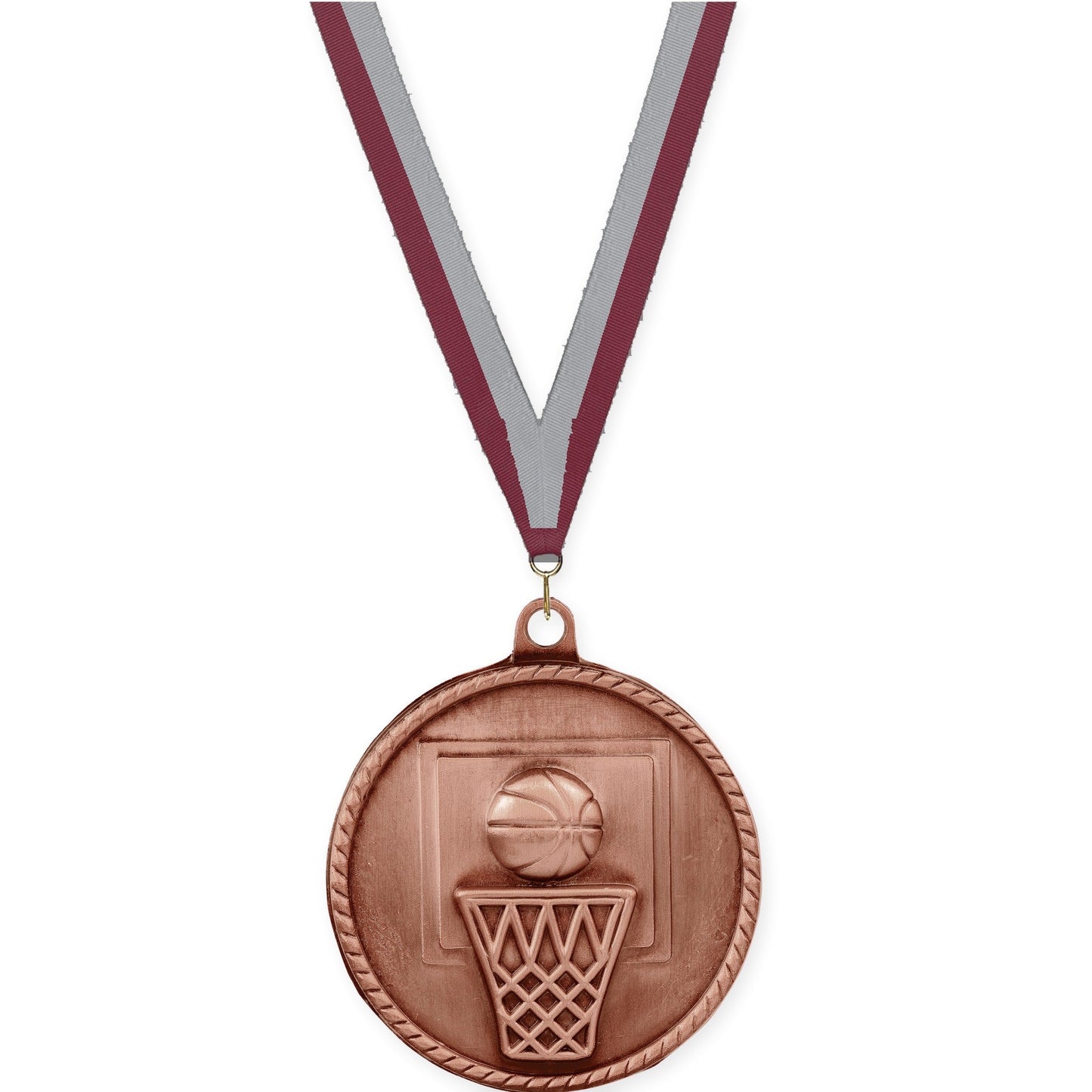 2 inch basketball High Relief medal in antique bronze with Maroon Gray neck ribbon