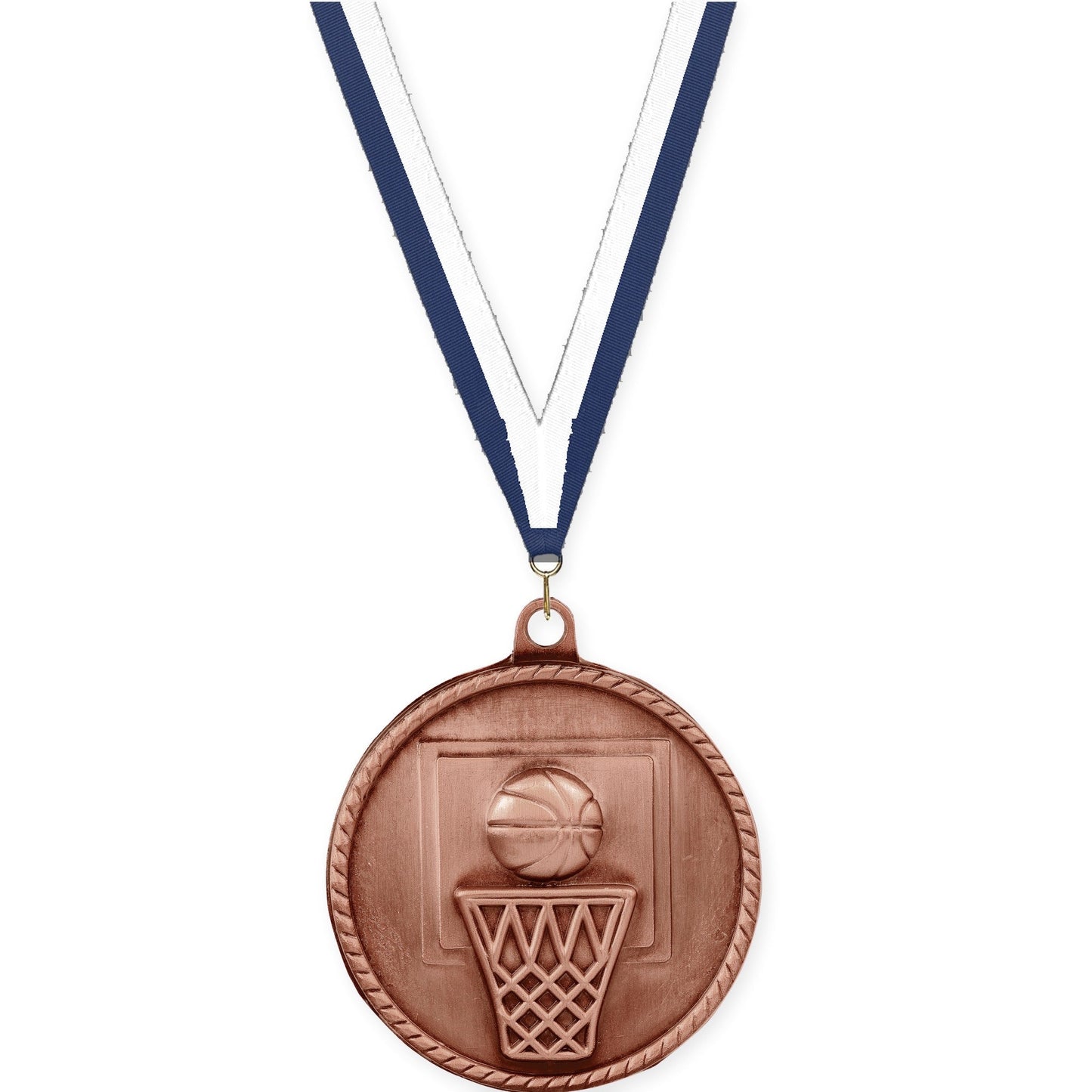 2 inch basketball High Relief medal in antique bronze with Navy White neck ribbon