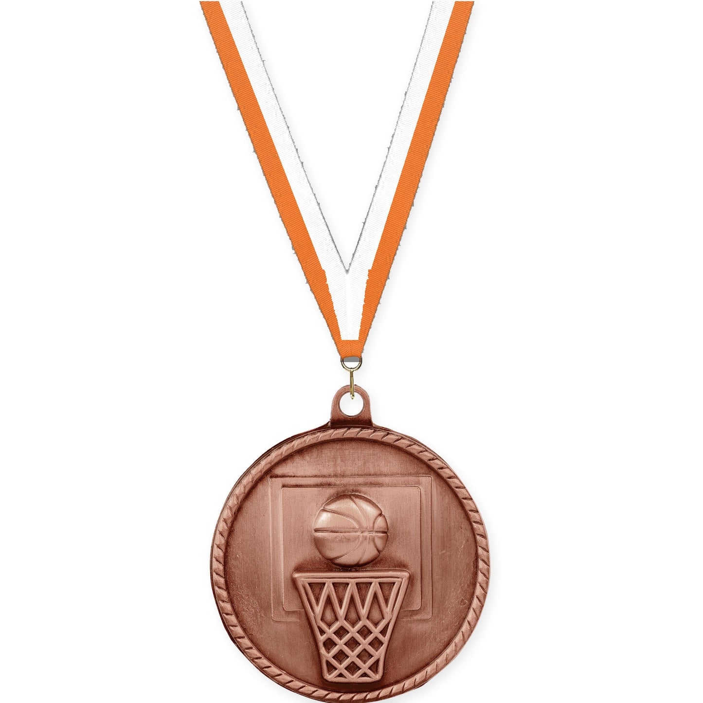 2 inch basketball High Relief medal in antique bronze with Orange White neck ribbon