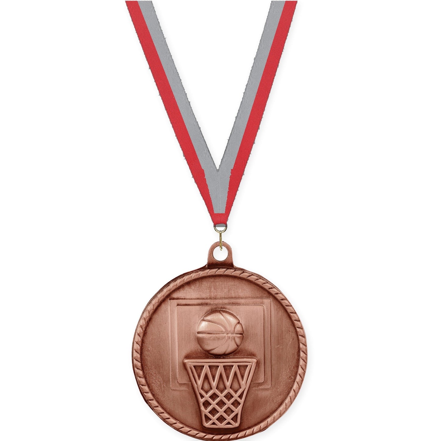 2 inch basketball High Relief medal in antique bronze with Red Gray neck ribbon