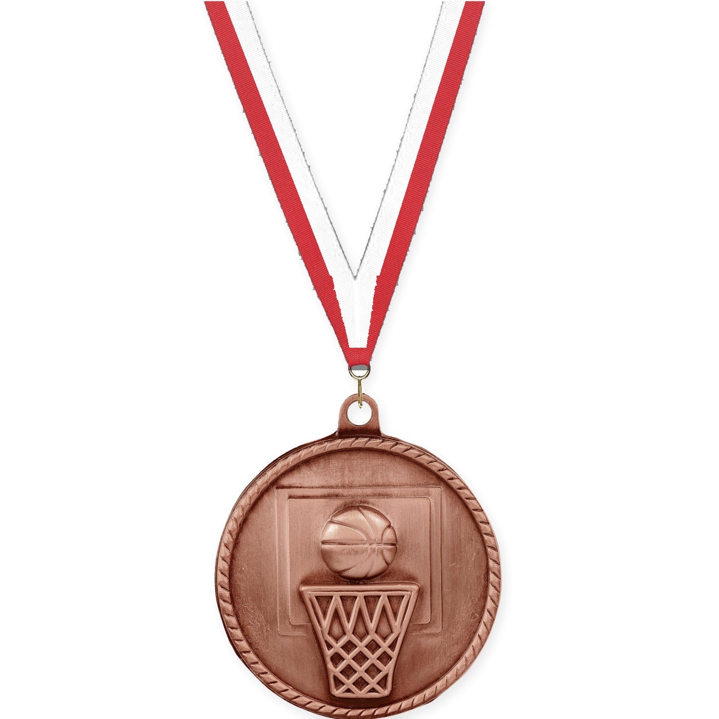 2 inch basketball High Relief medal in antique bronze with Red White neck ribbon