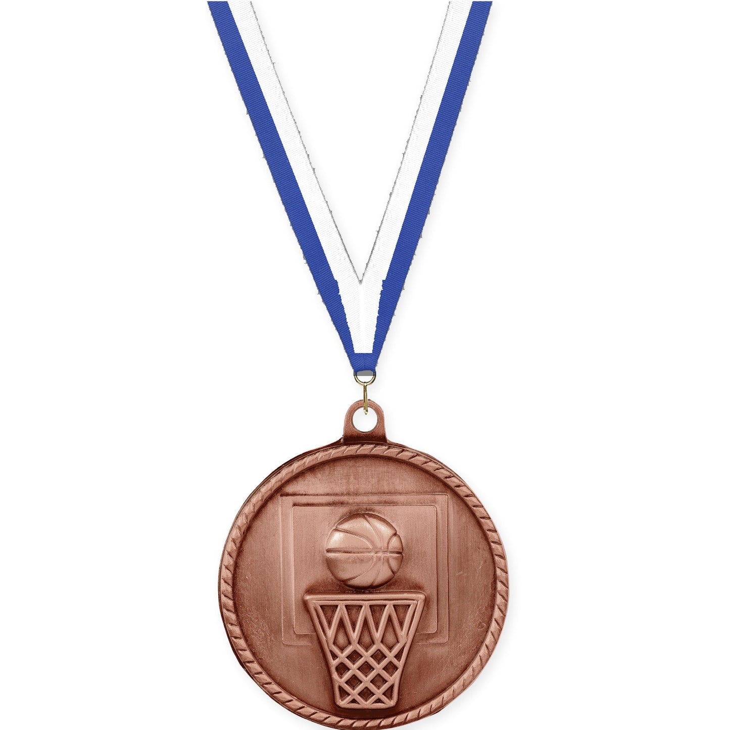 2 inch basketball High Relief medal in antique bronze with Blue White neck ribbon