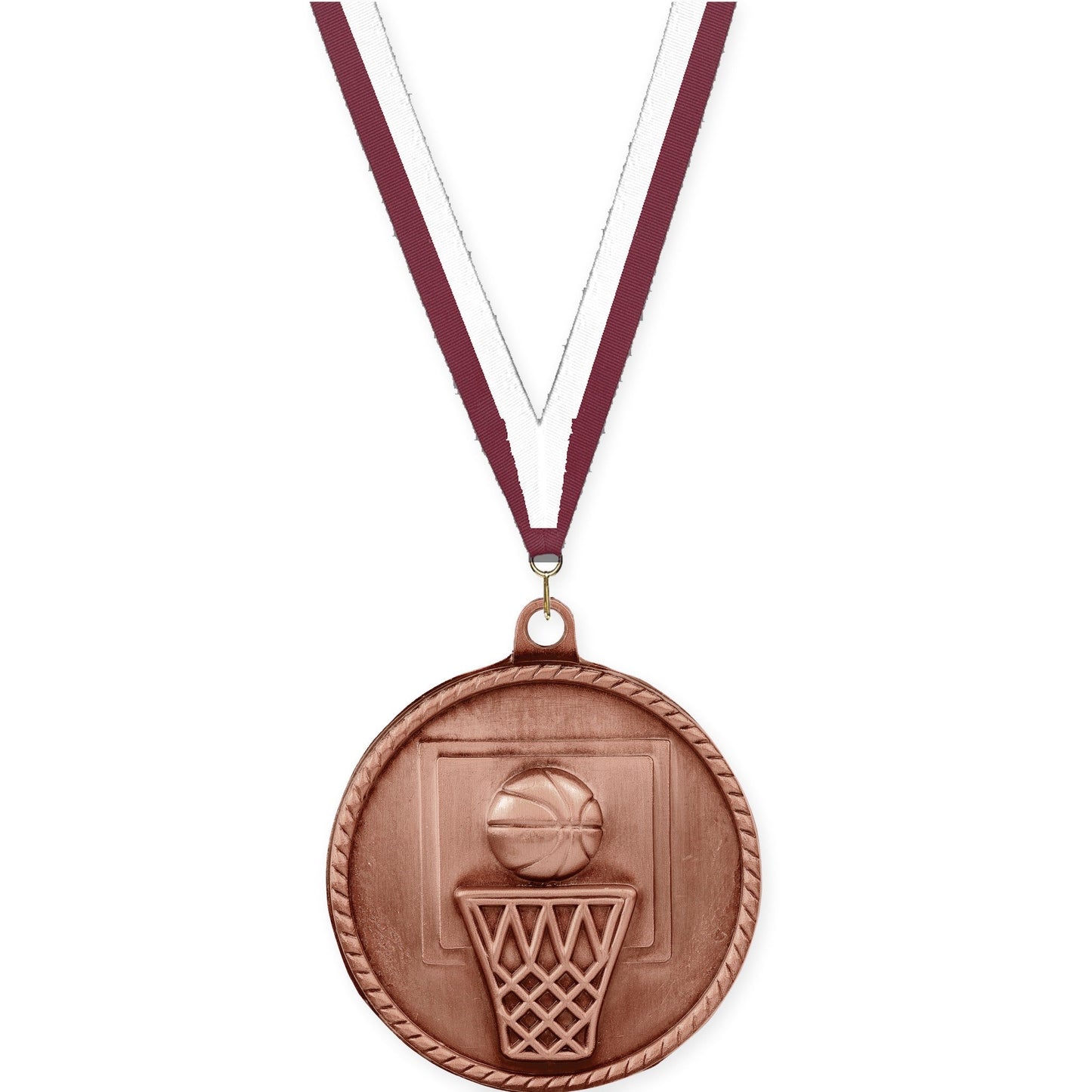 2 inch basketball High Relief medal in antique bronze with Maroon White neck ribbon