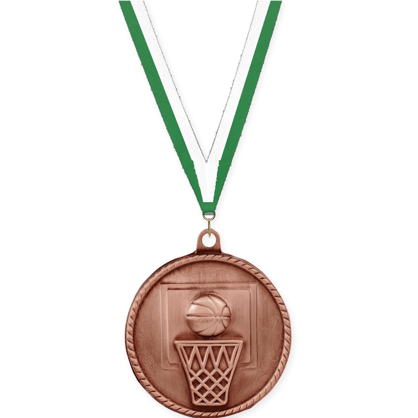 2 inch basketball High Relief medal in antique bronze with Green White neck ribbon