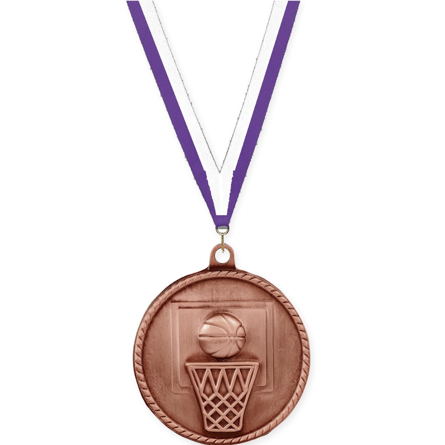 2 inch basketball High Relief medal in antique bronze with Purple White neck ribbon