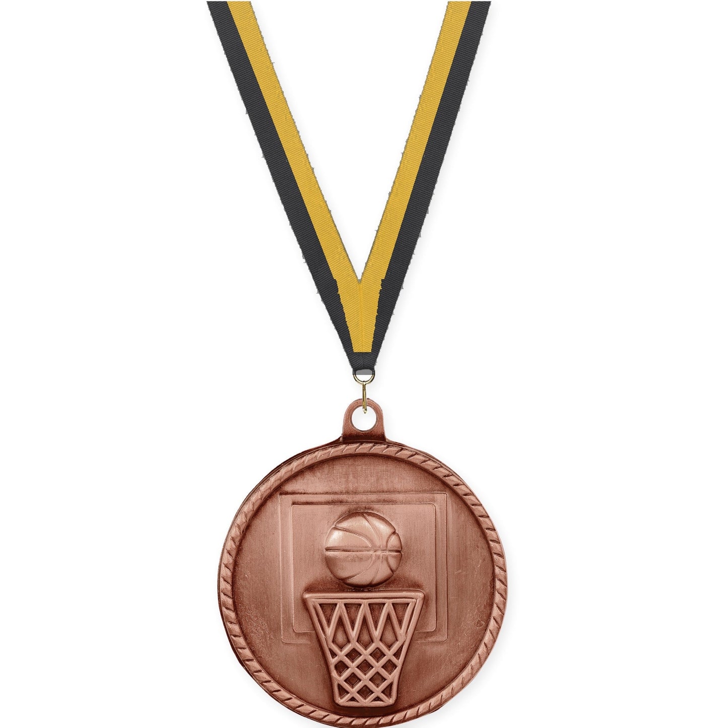 2 inch basketball High Relief medal in antique bronze with Black Gold neck ribbon