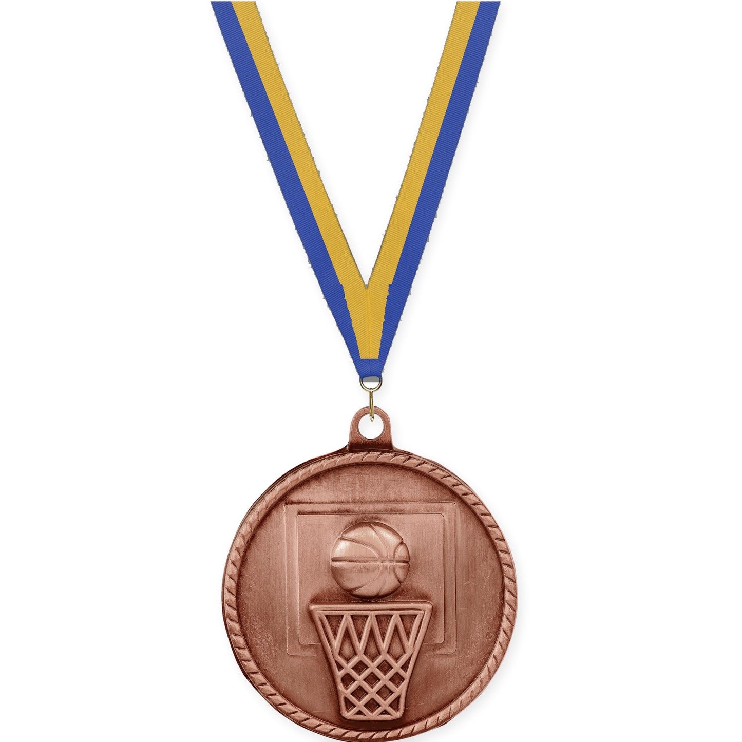2 inch basketball High Relief medal in antique bronze with Blue Gold neck ribbon
