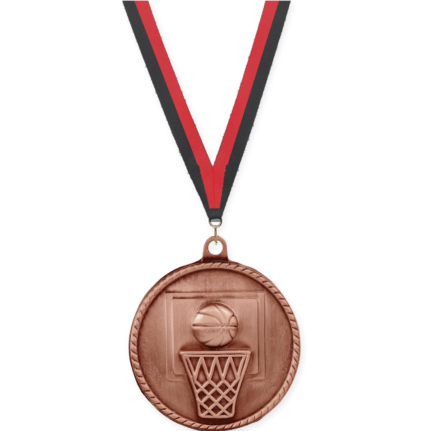 2 inch basketball High Relief medal in antique bronze with Black Red neck ribbon