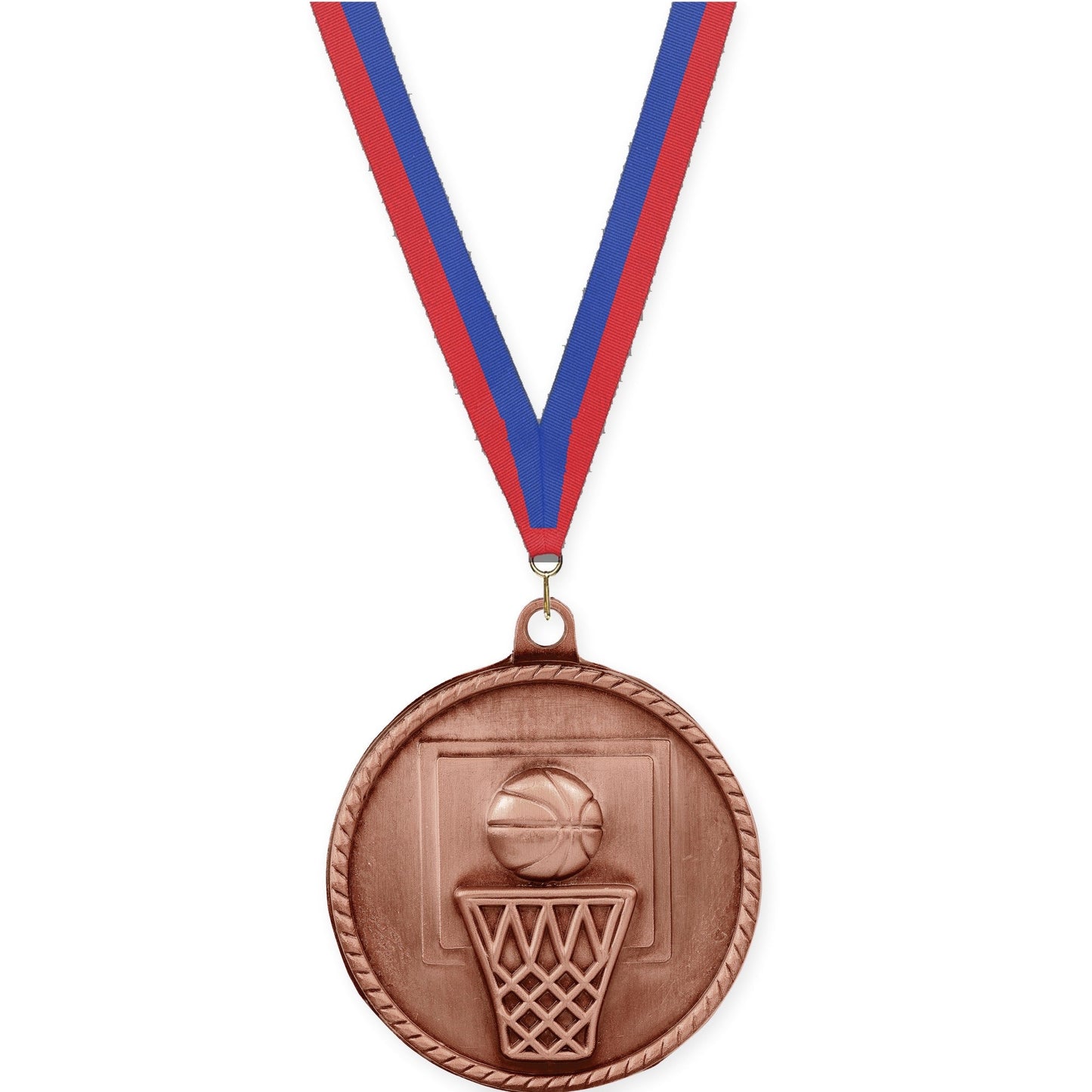 2 inch basketball High Relief medal in antique bronze with Blue Red neck ribbon