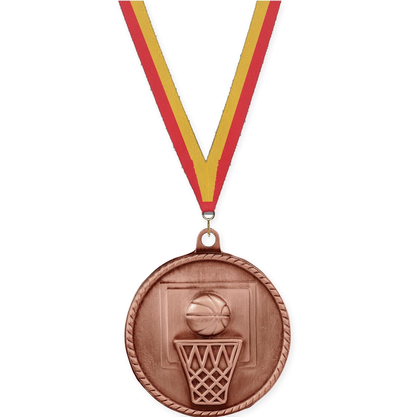 2 inch basketball High Relief medal in antique bronze with Red Gold neck ribbon