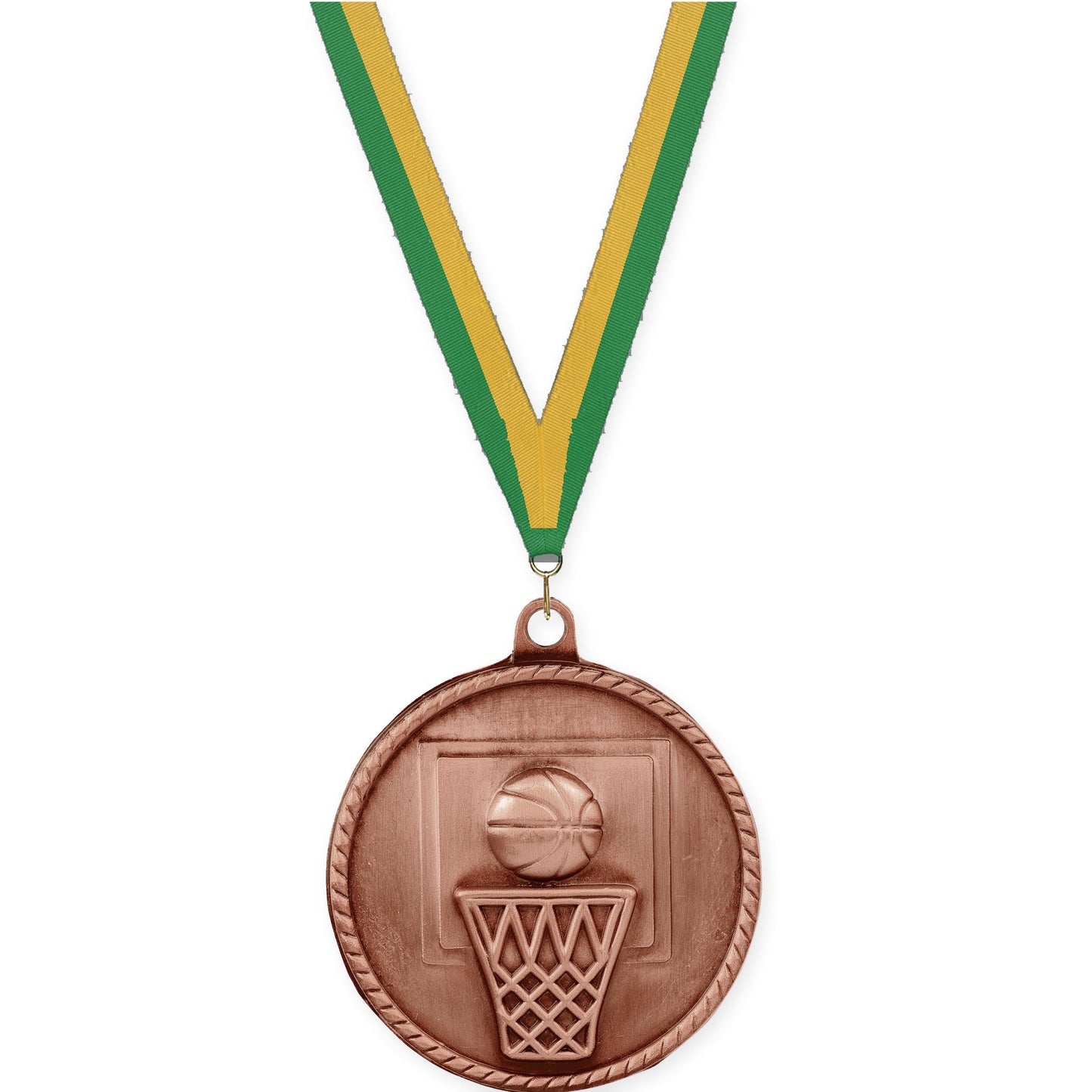 2 inch basketball High Relief medal in antique bronze with Green Gold neck ribbon