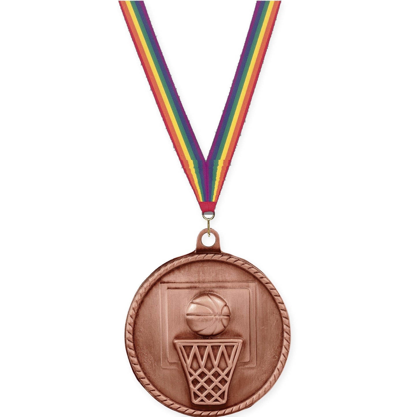 2 inch basketball High Relief medal in antique bronze with Rainbow neck ribbon