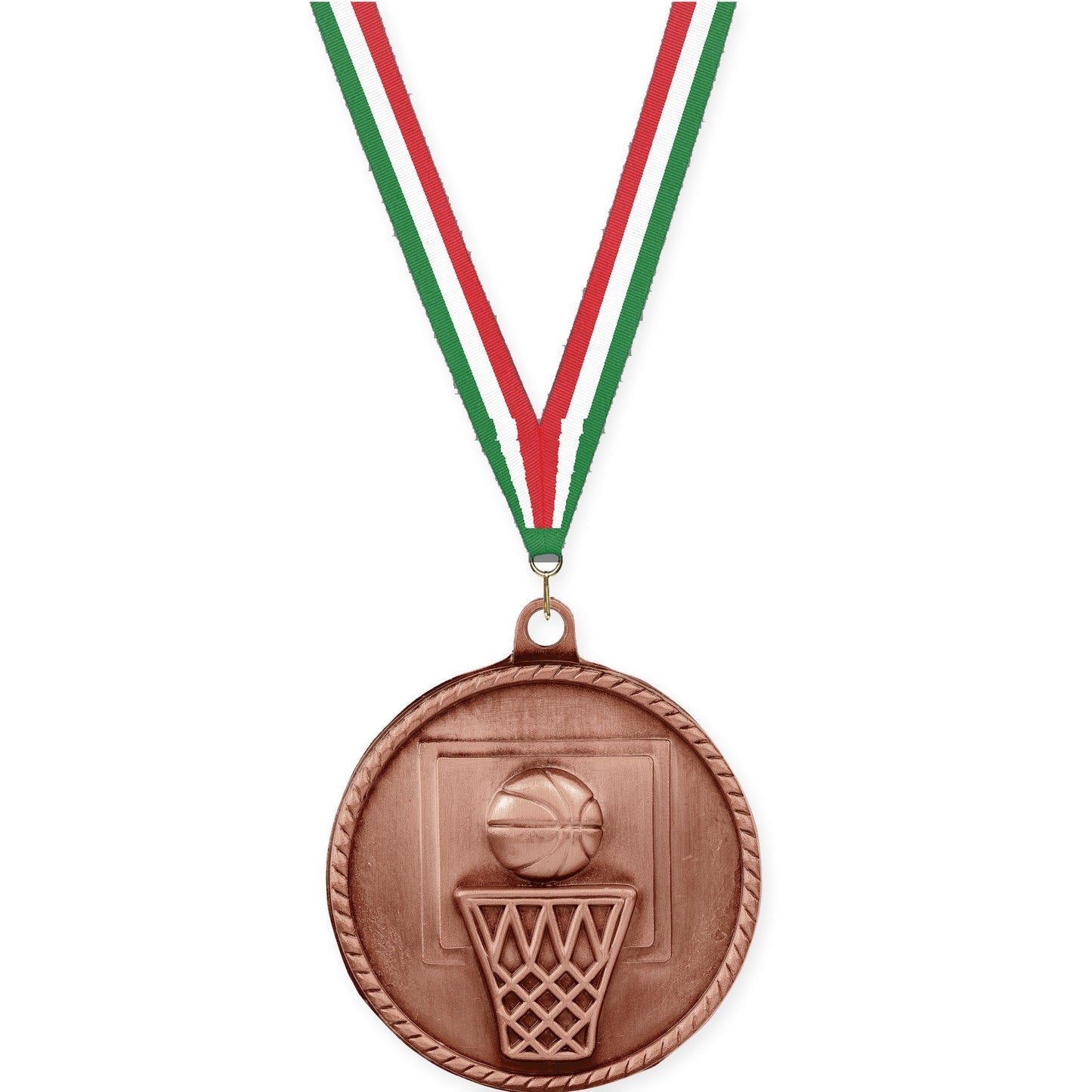 2 inch basketball High Relief medal in antique bronze with Green White Red neck ribbon