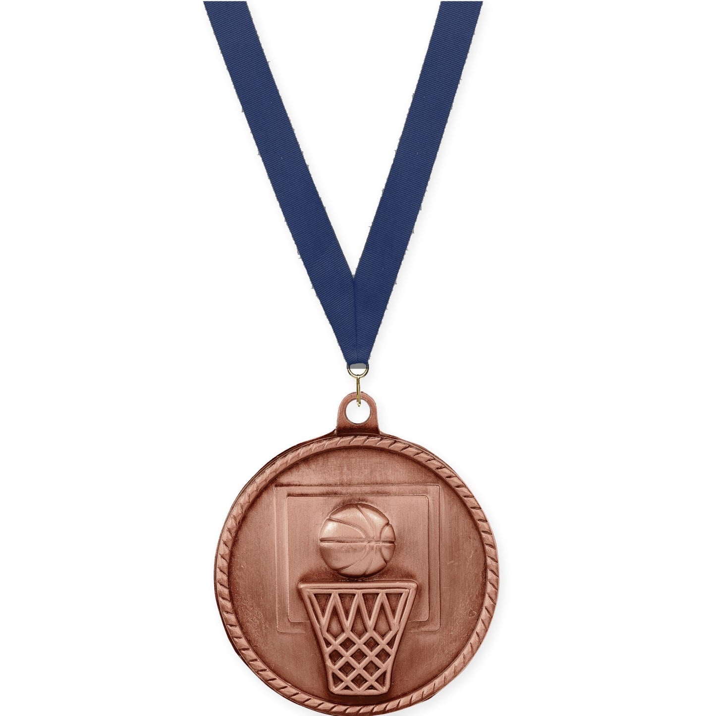 2 inch basketball High Relief medal in antique bronze with Navy neck ribbon
