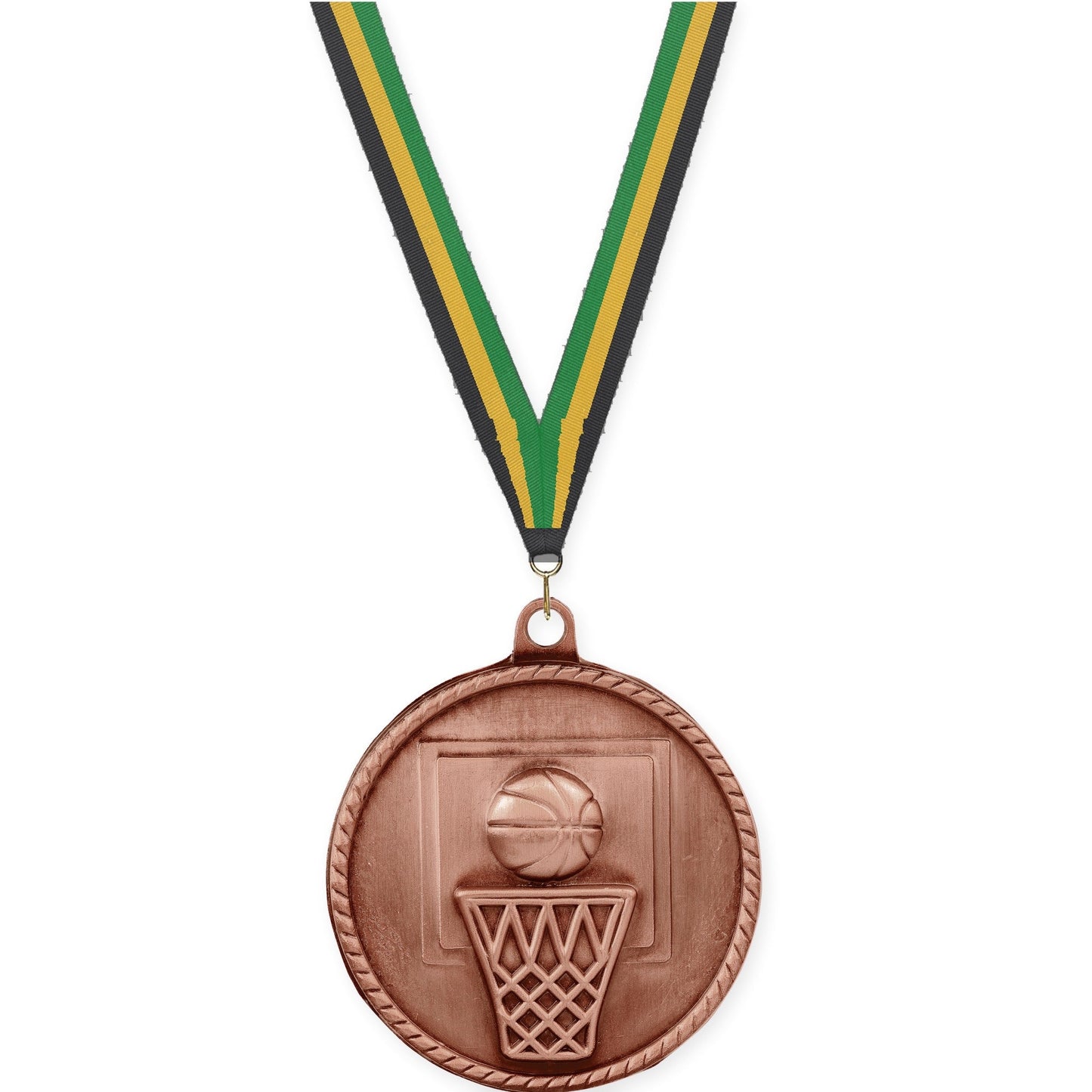 2 inch basketball High Relief medal in antique bronze with Black Gold Green neck ribbon