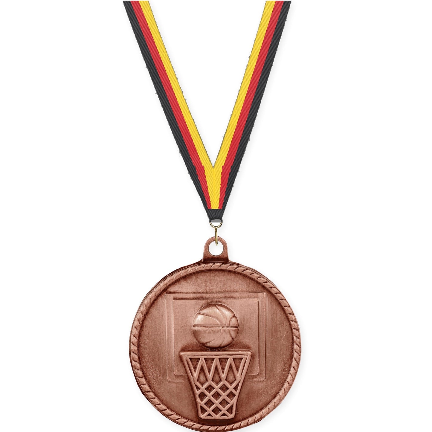 2 inch basketball High Relief medal in antique bronze with Black Red Yellow neck ribbon