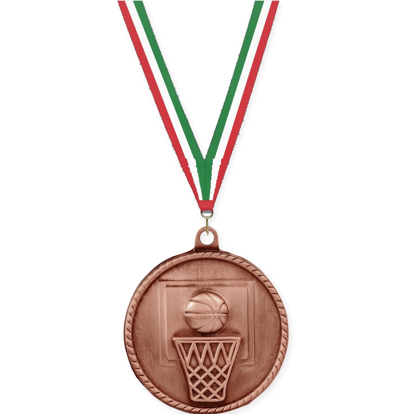 2 inch basketball High Relief medal in antique bronze with Red White Green neck ribbon