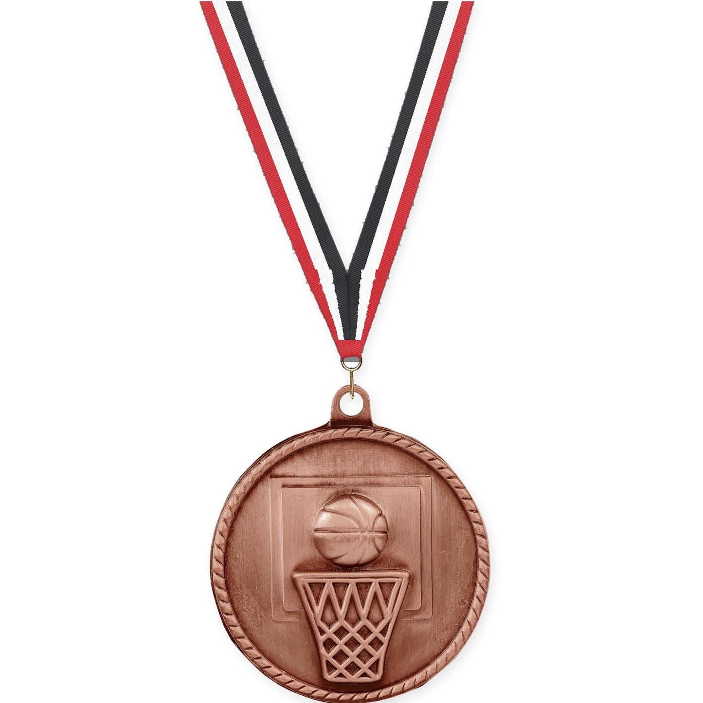 2 inch basketball High Relief medal in antique bronze with Red White Black neck ribbon