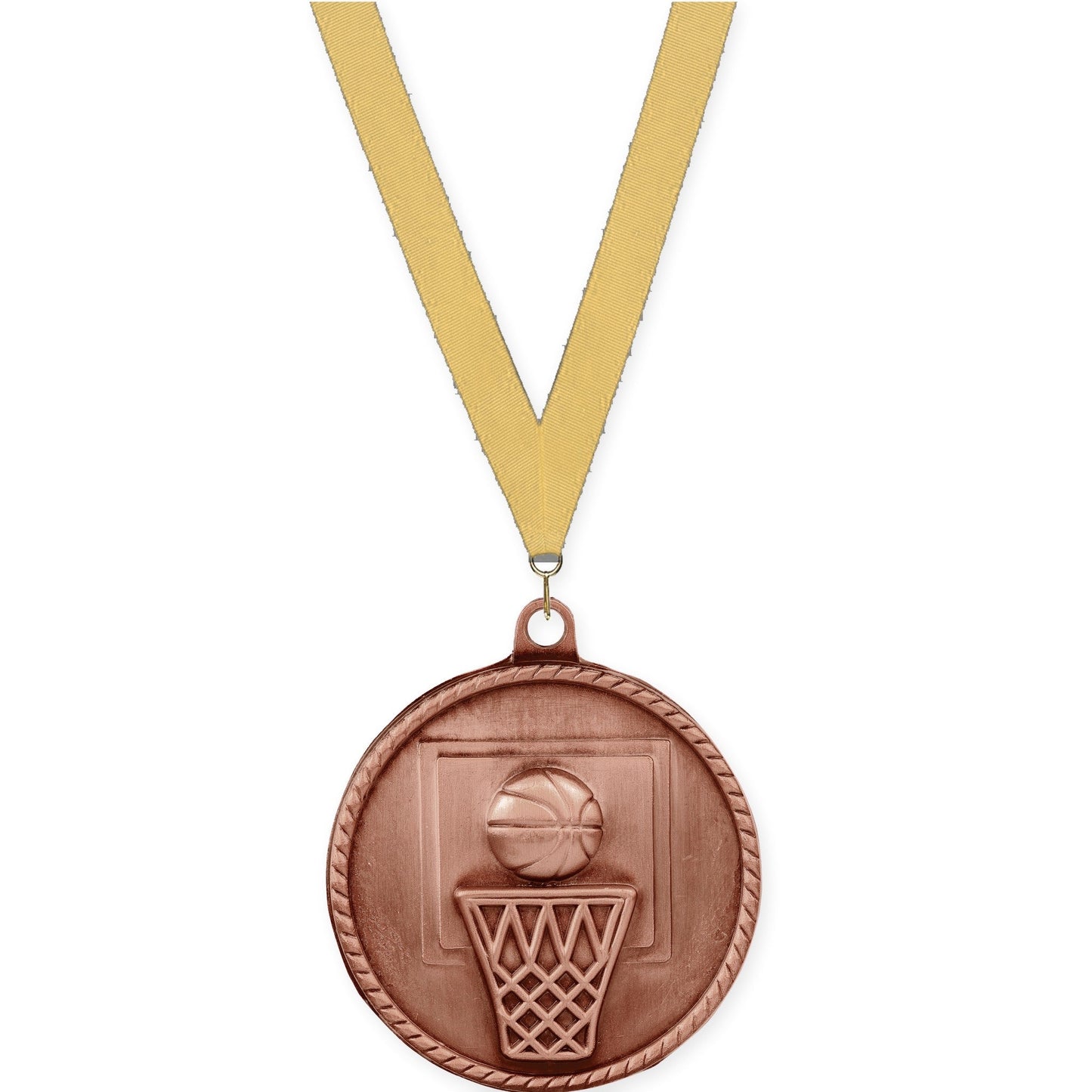 2 inch basketball High Relief medal in antique bronze with Gold Metallic neck ribbon
